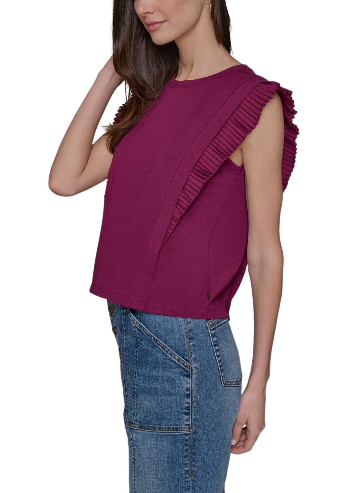 Womens Ruffle Mixed Media Knit Top
