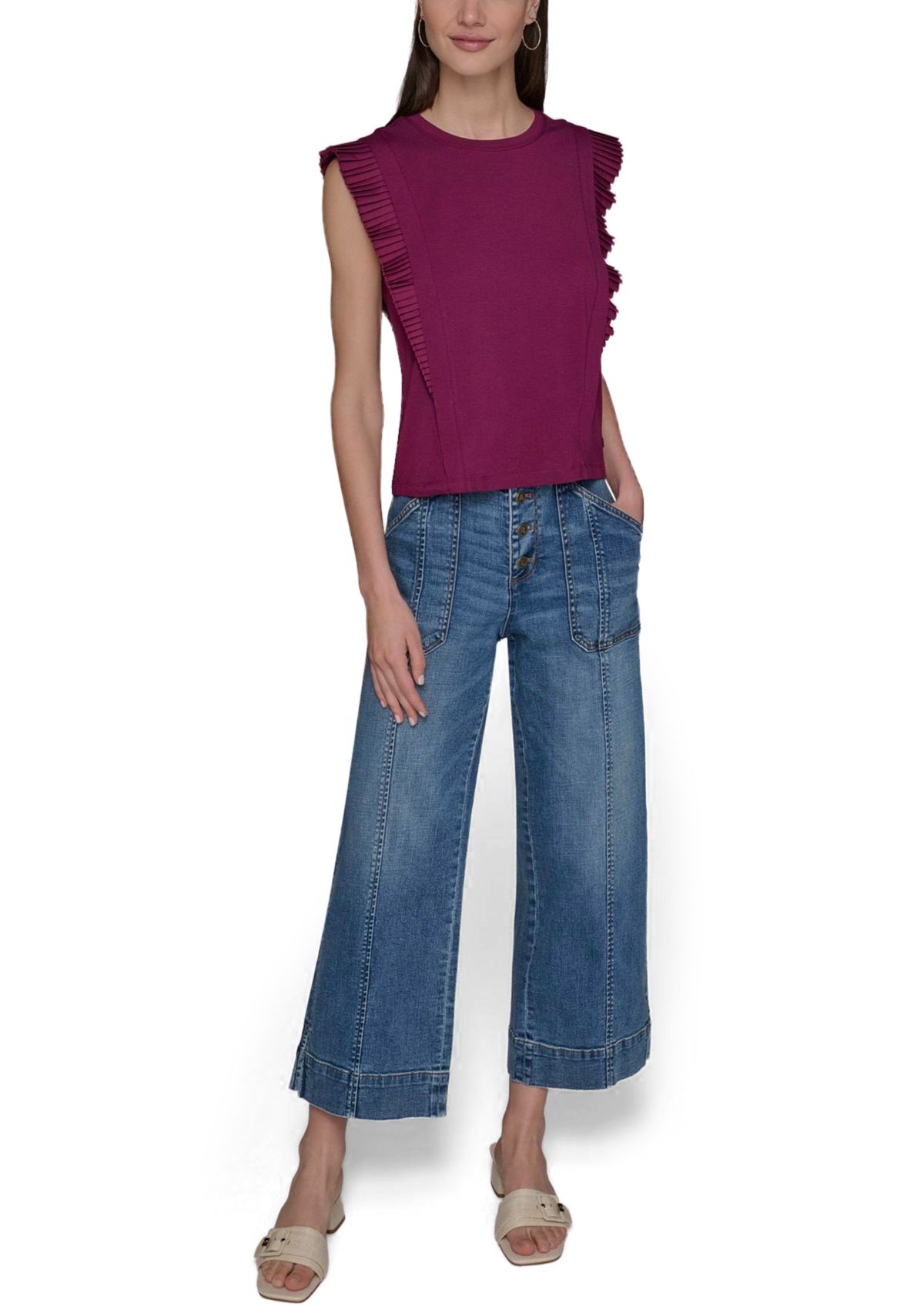 Womens Ruffle Mixed Media Knit Top