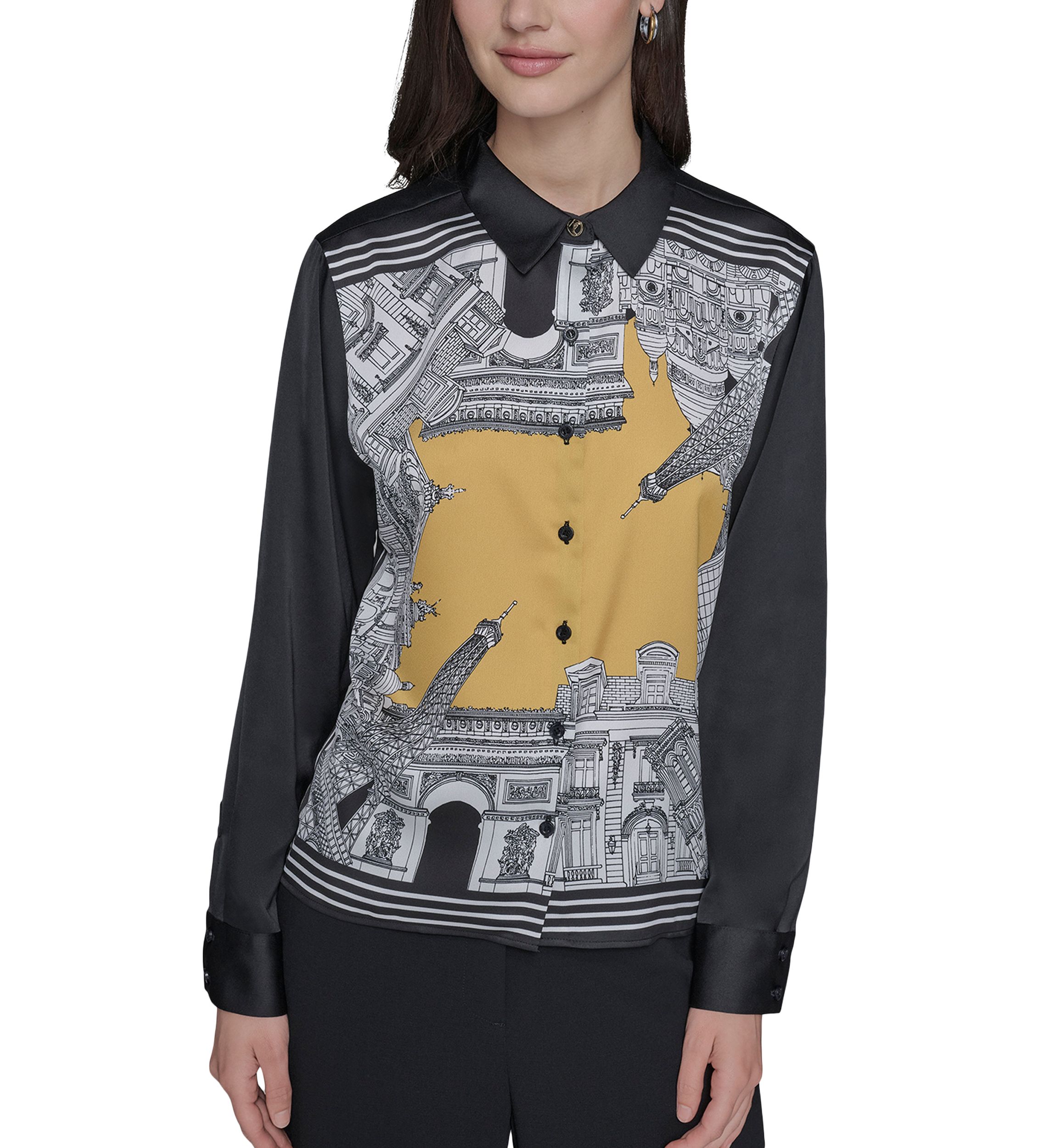 Womens Long Sleeve Placed Print Collared Shirt