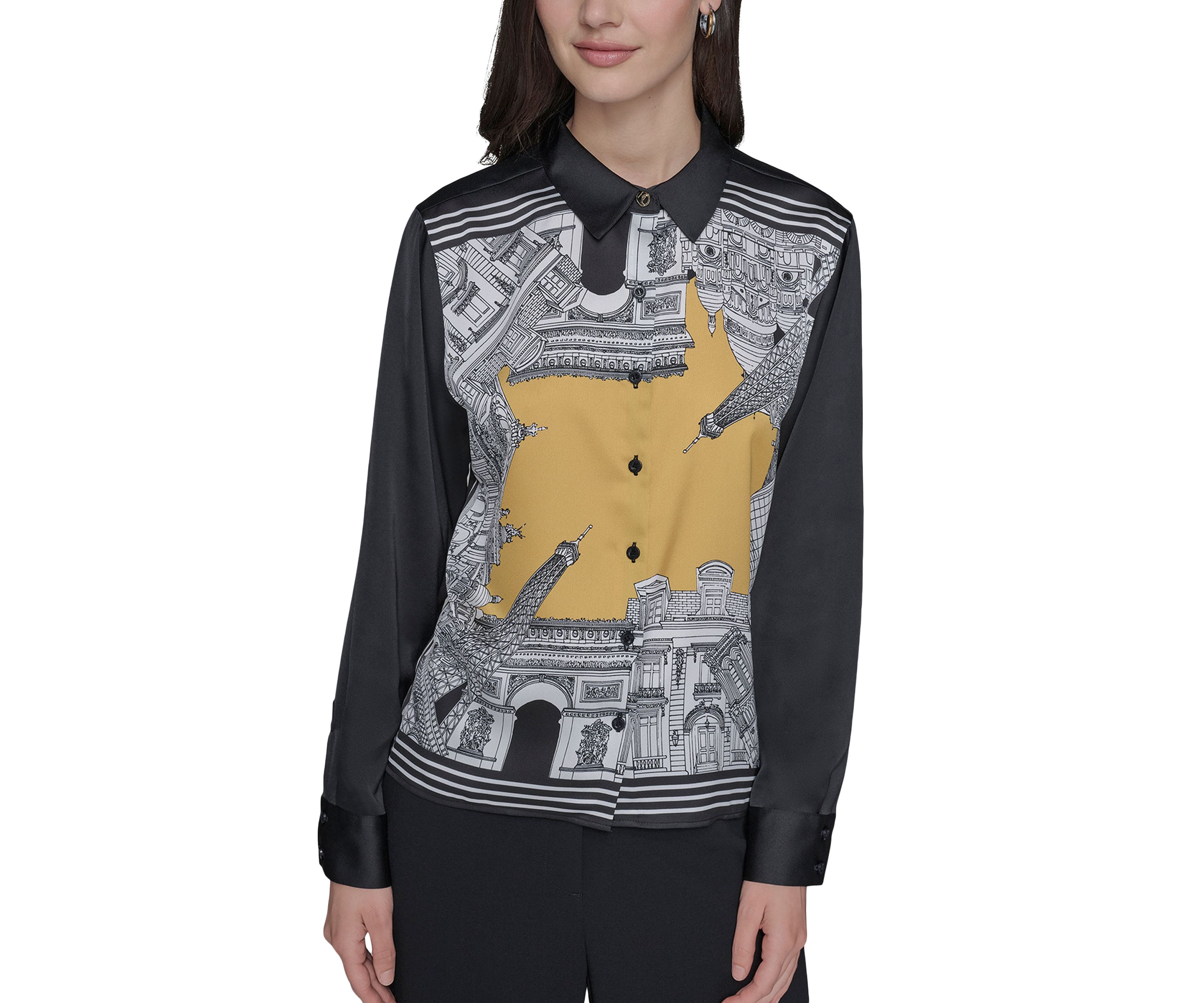 Womens Long Sleeve Placed Print Collared Shirt