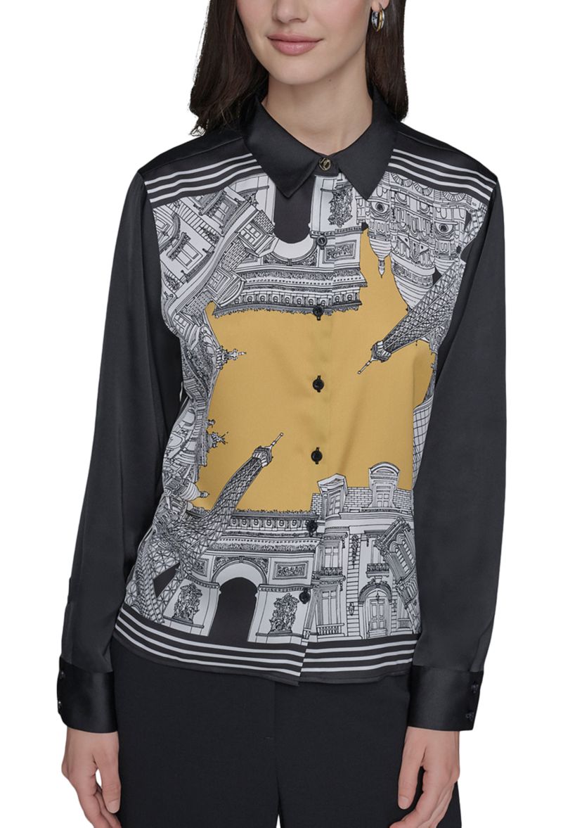 Womens Long Sleeve Placed Print Collared Shirt