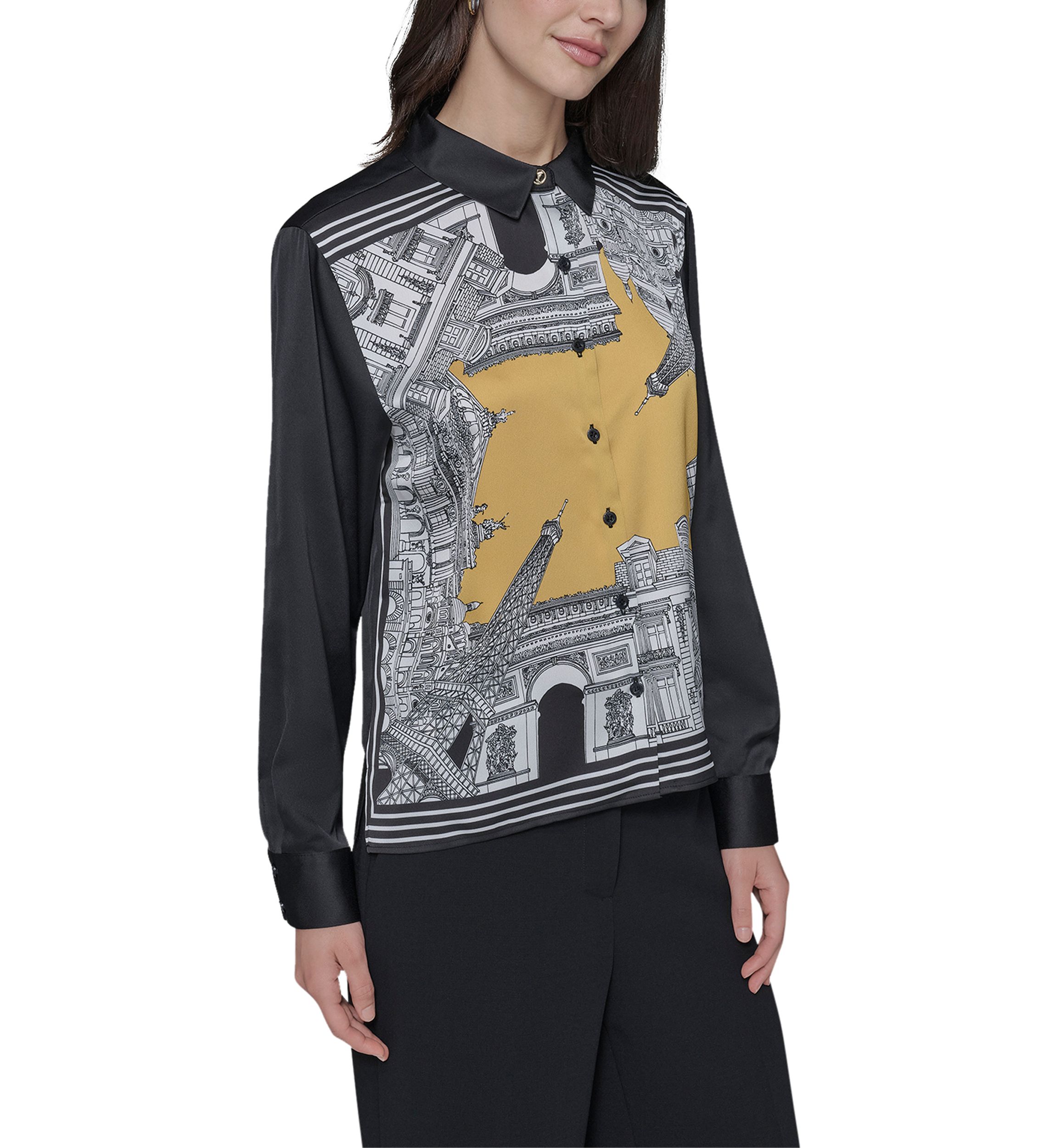 Womens Long Sleeve Placed Print Collared Shirt