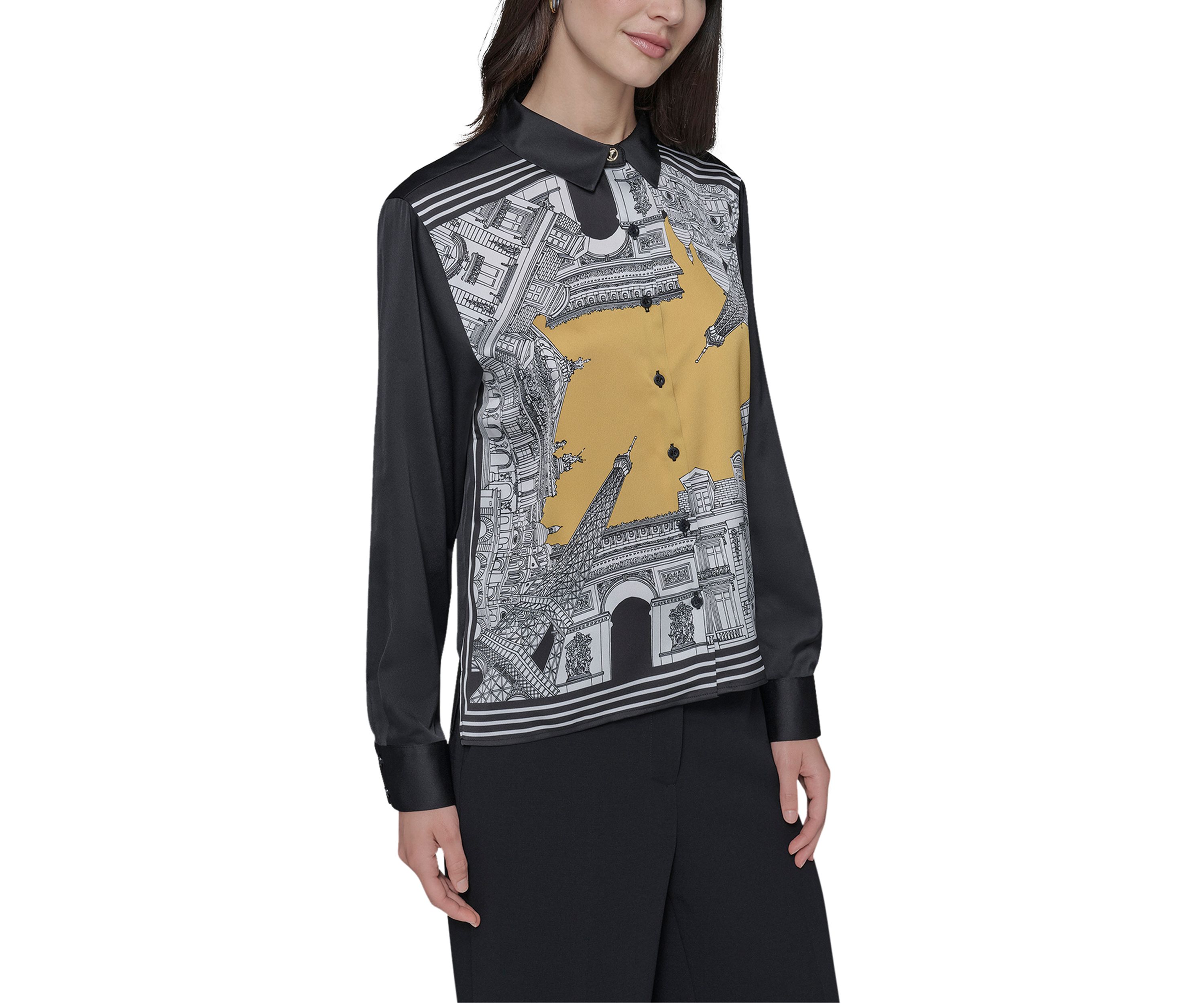Womens Long Sleeve Placed Print Collared Shirt