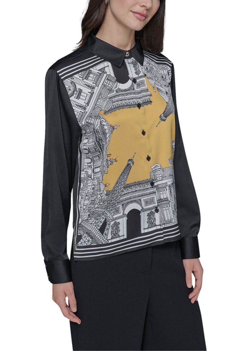 Womens Long Sleeve Placed Print Collared Shirt