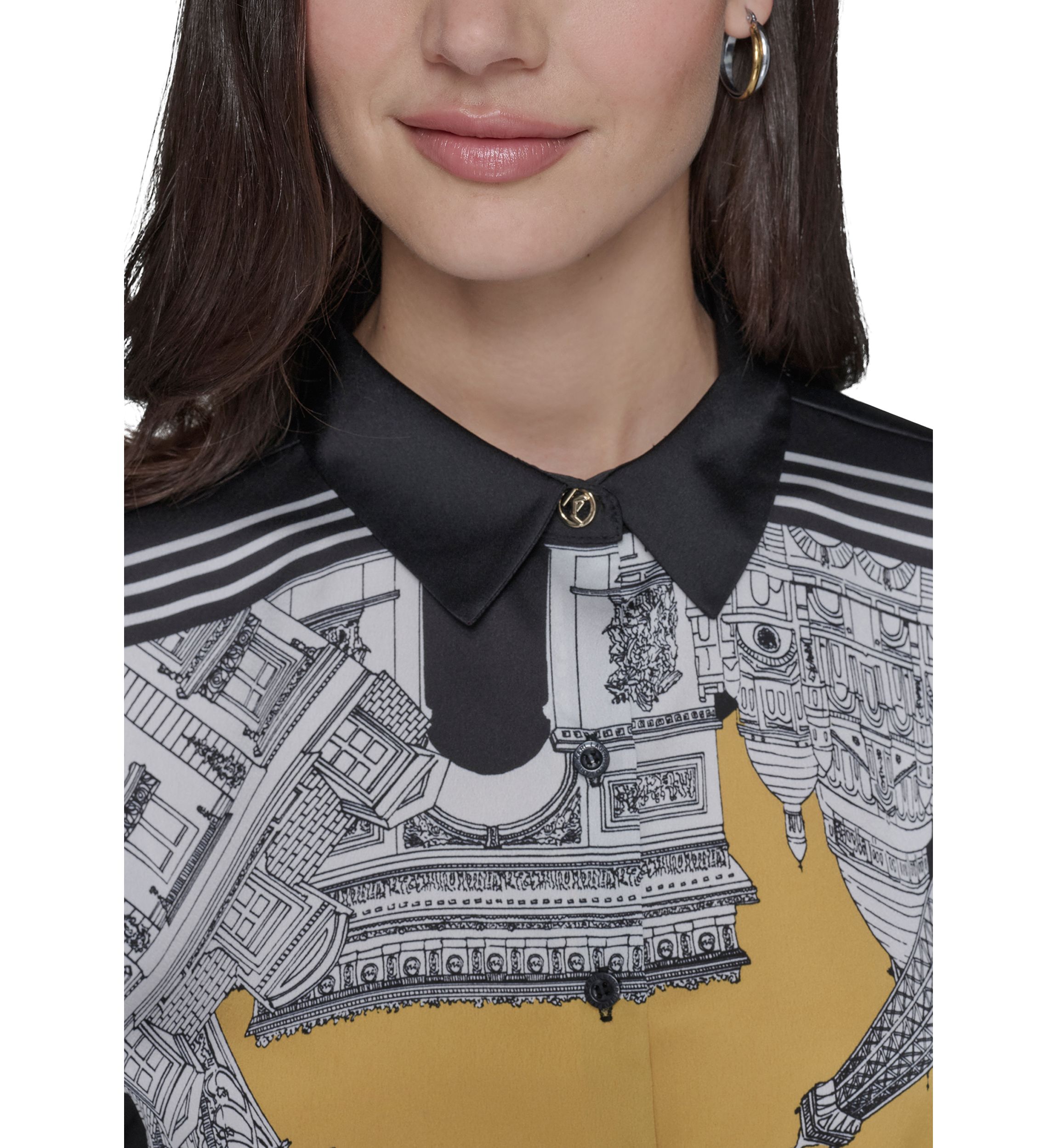 Womens Long Sleeve Placed Print Collared Shirt