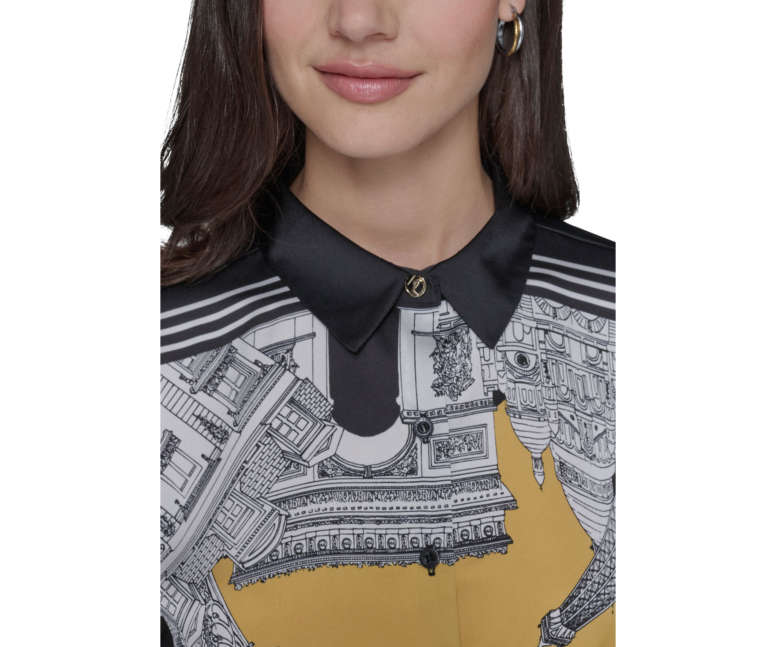 Womens Long Sleeve Placed Print Collared Shirt