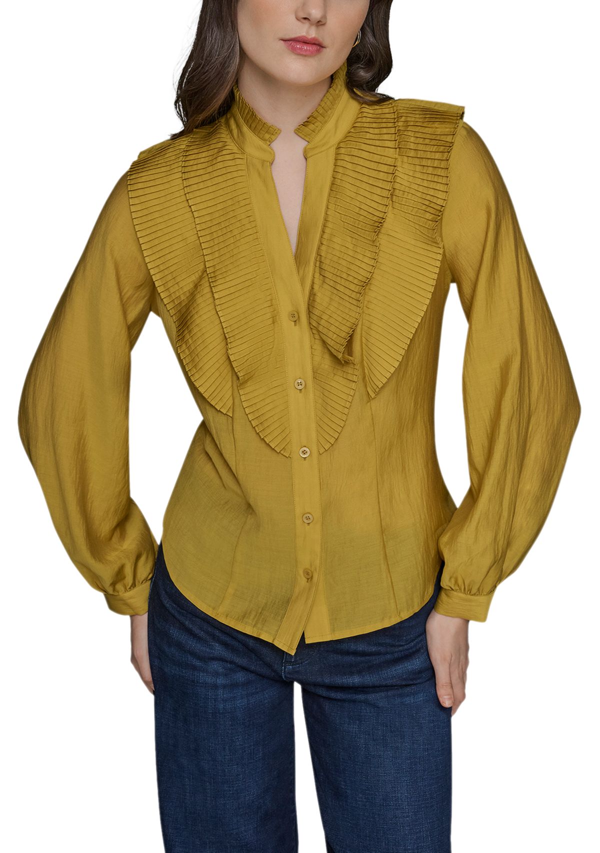 Womens Ruffle Shoulder Button Front Blouse