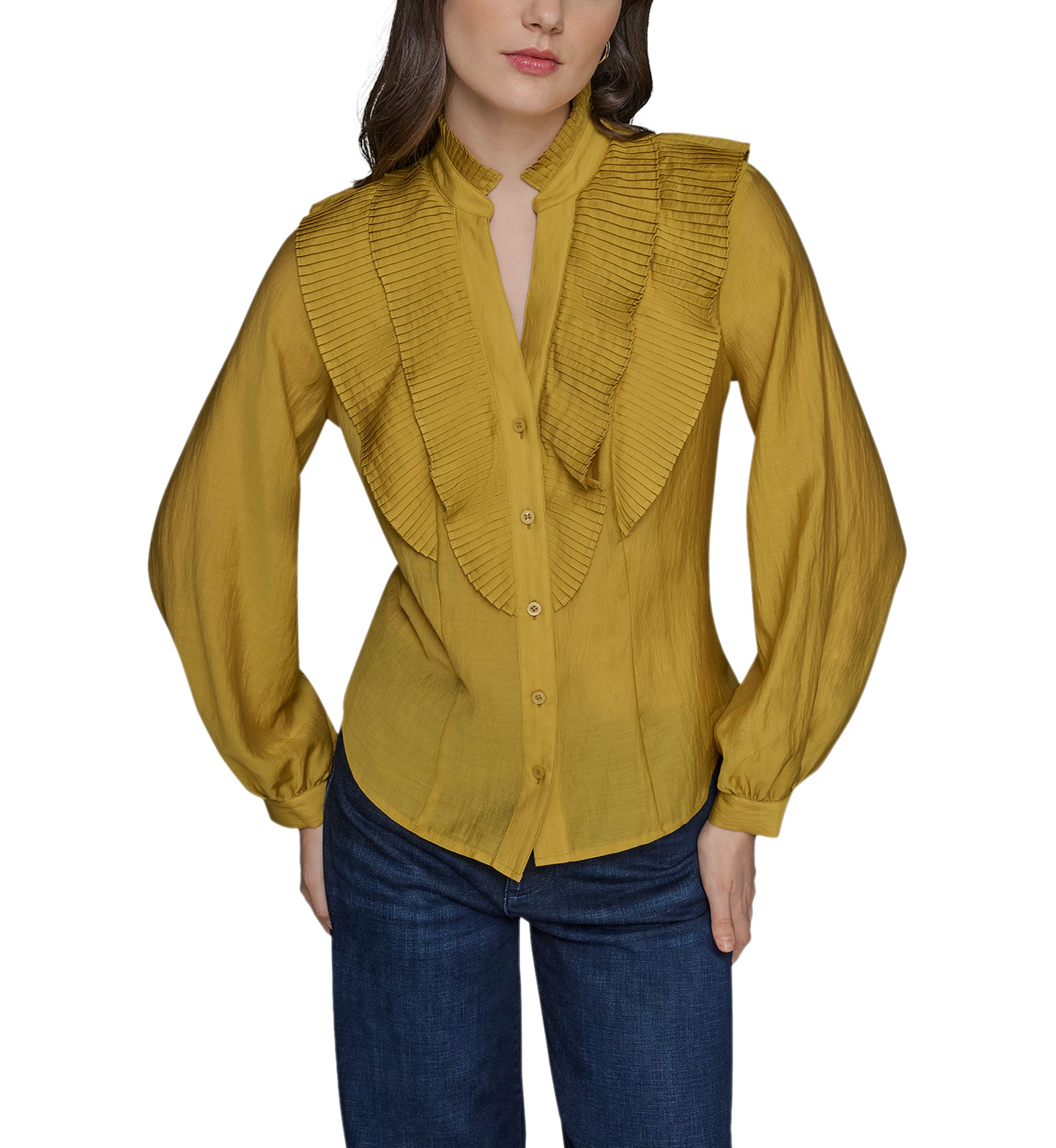Womens Ruffle Shoulder Button Front Blouse