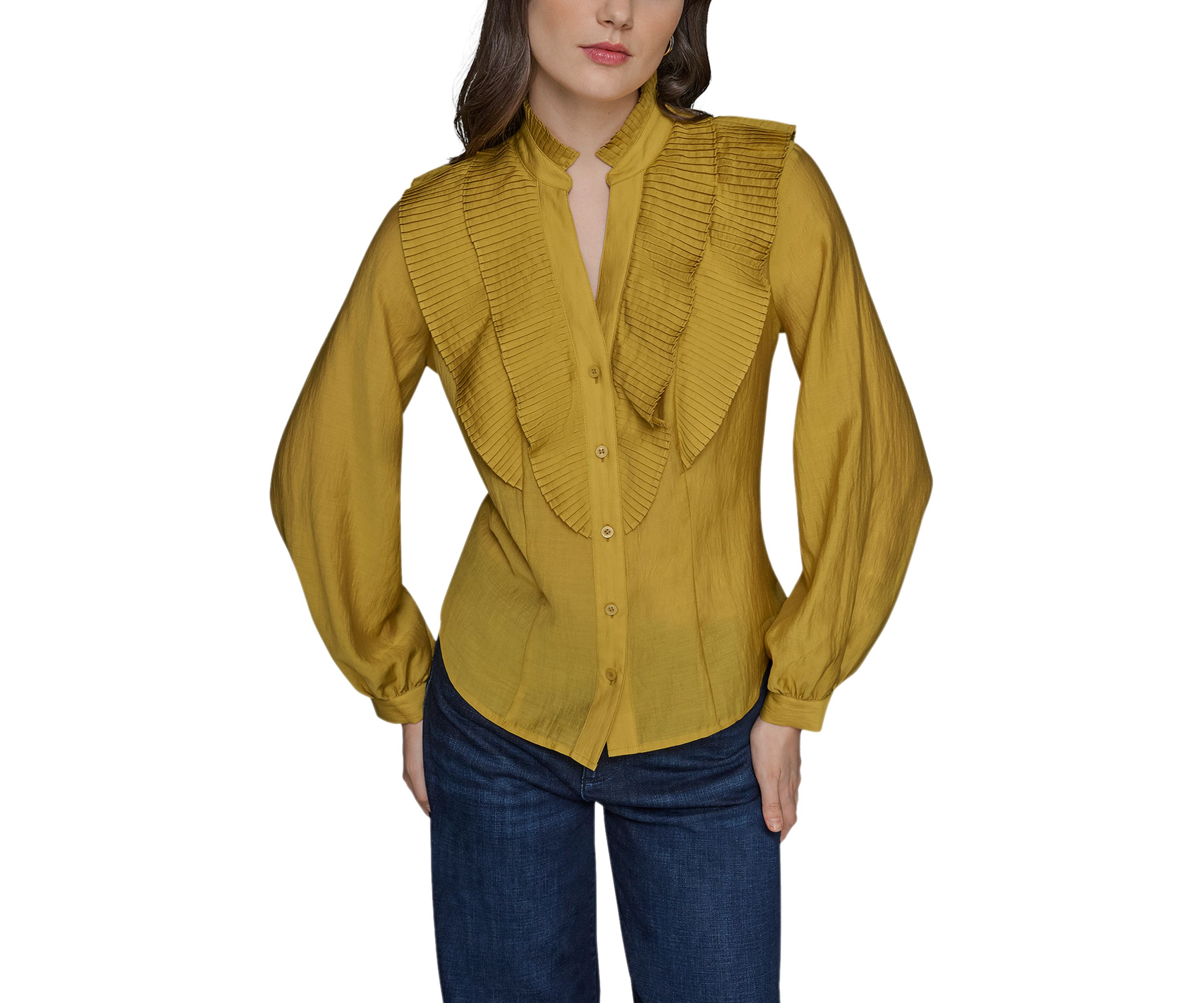 Womens Ruffle Shoulder Button Front Blouse