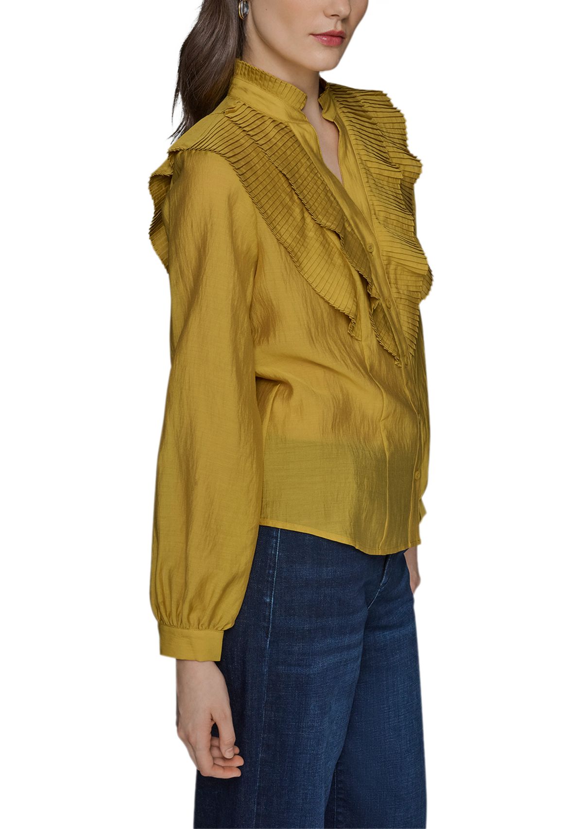 Womens Ruffle Shoulder Button Front Blouse