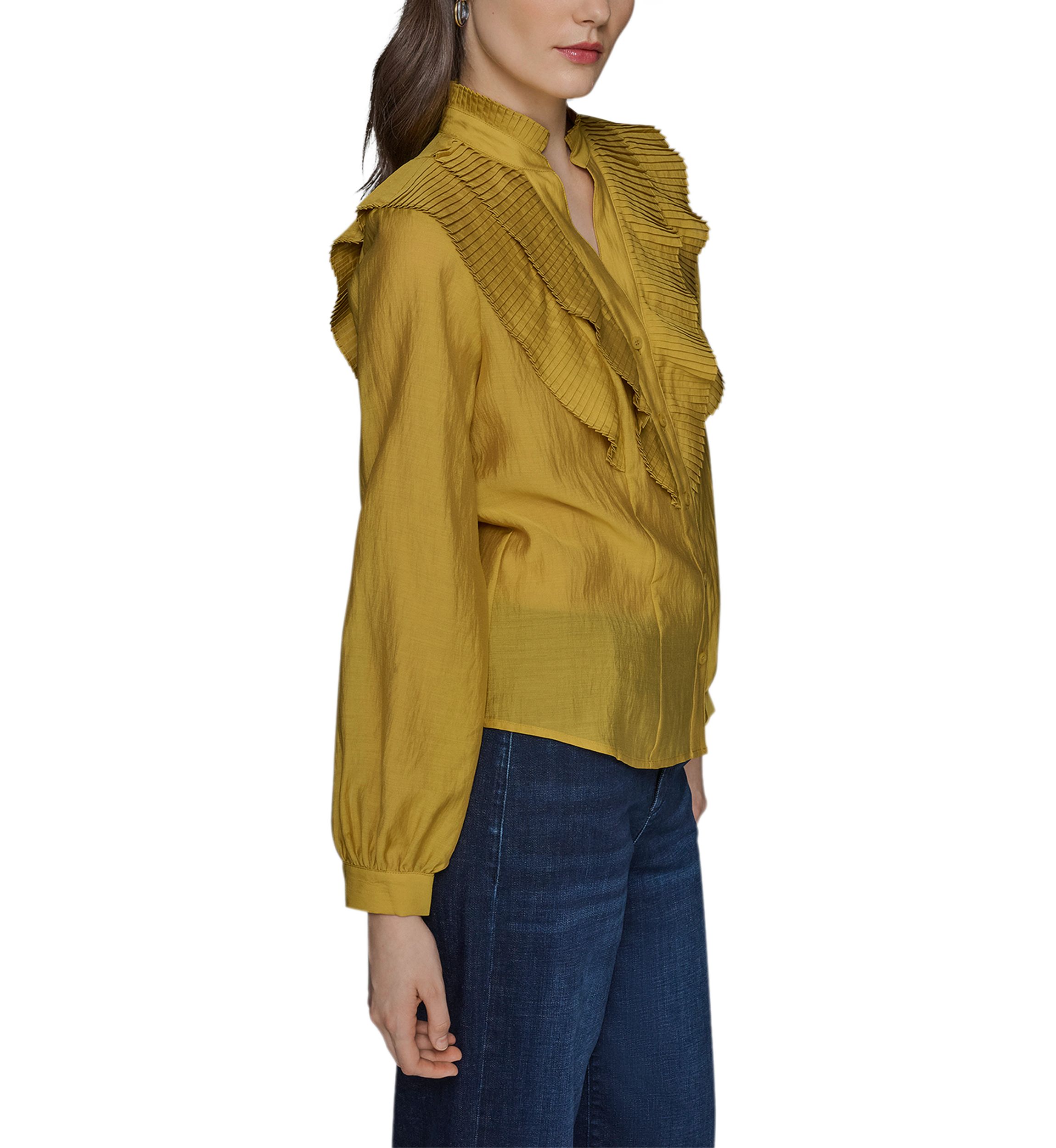Womens Ruffle Shoulder Button Front Blouse