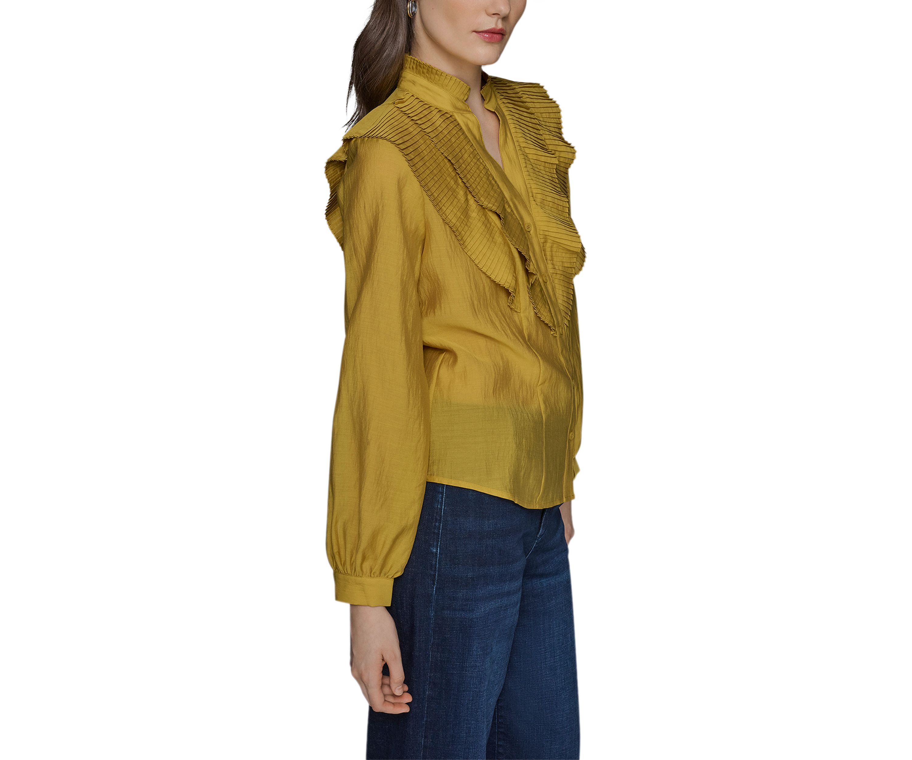 Womens Ruffle Shoulder Button Front Blouse
