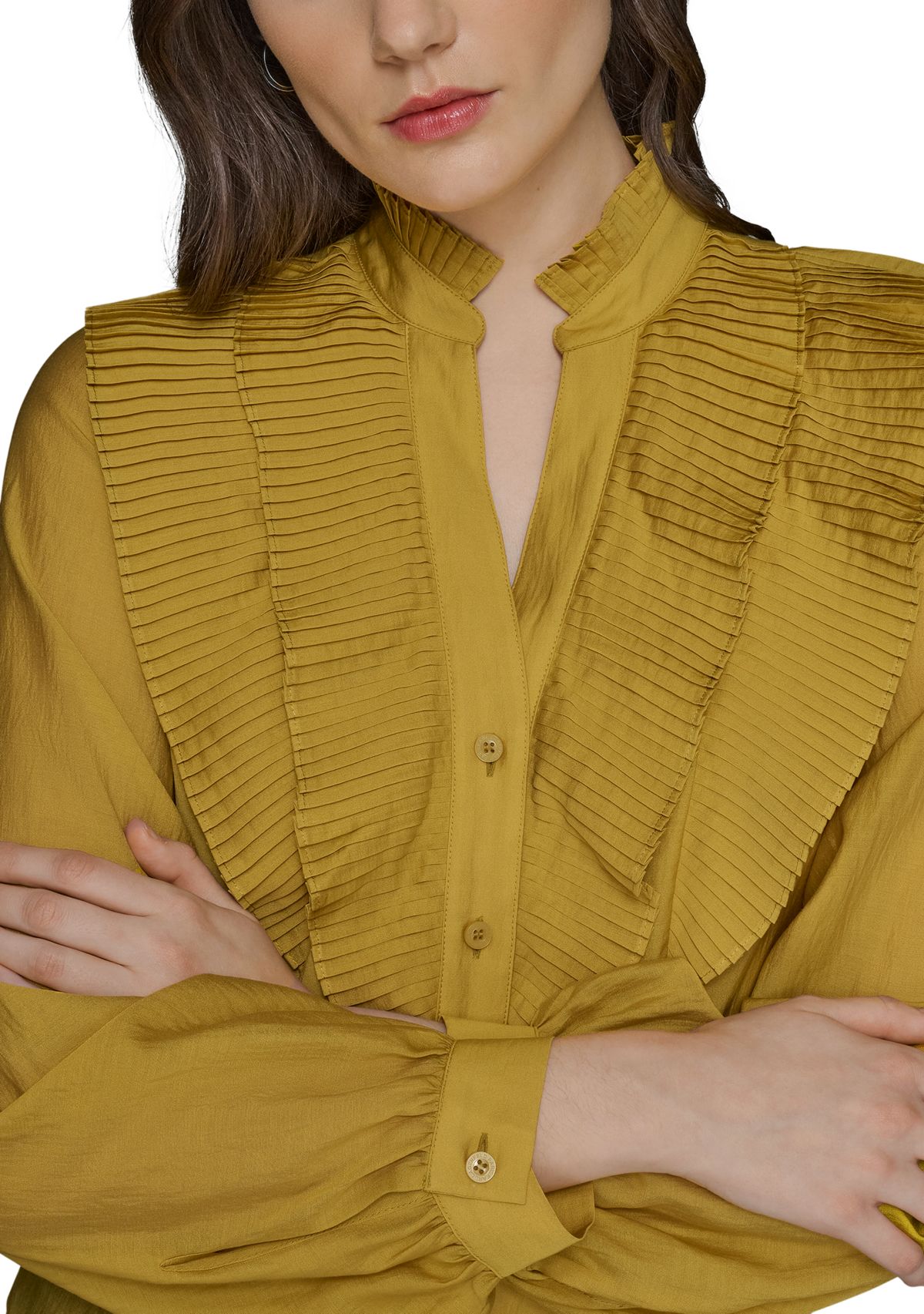 Womens Ruffle Shoulder Button Front Blouse