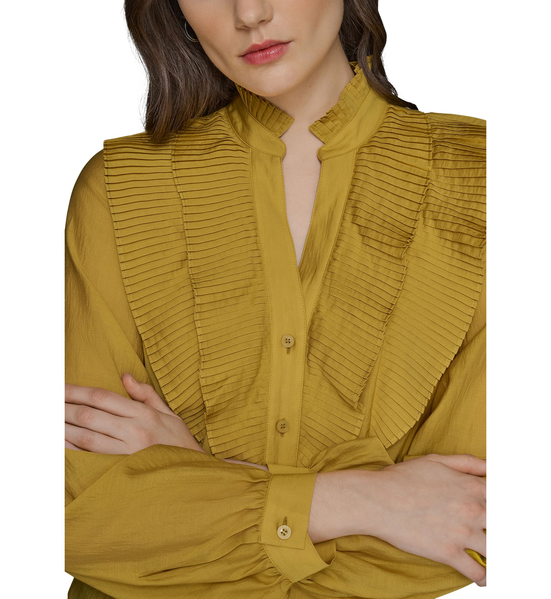 Womens Ruffle Shoulder Button Front Blouse