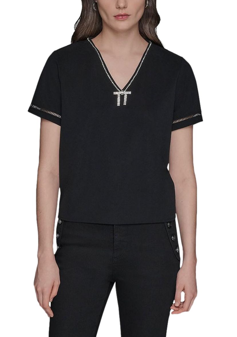 Womens Rhnetone Bow Knit Top