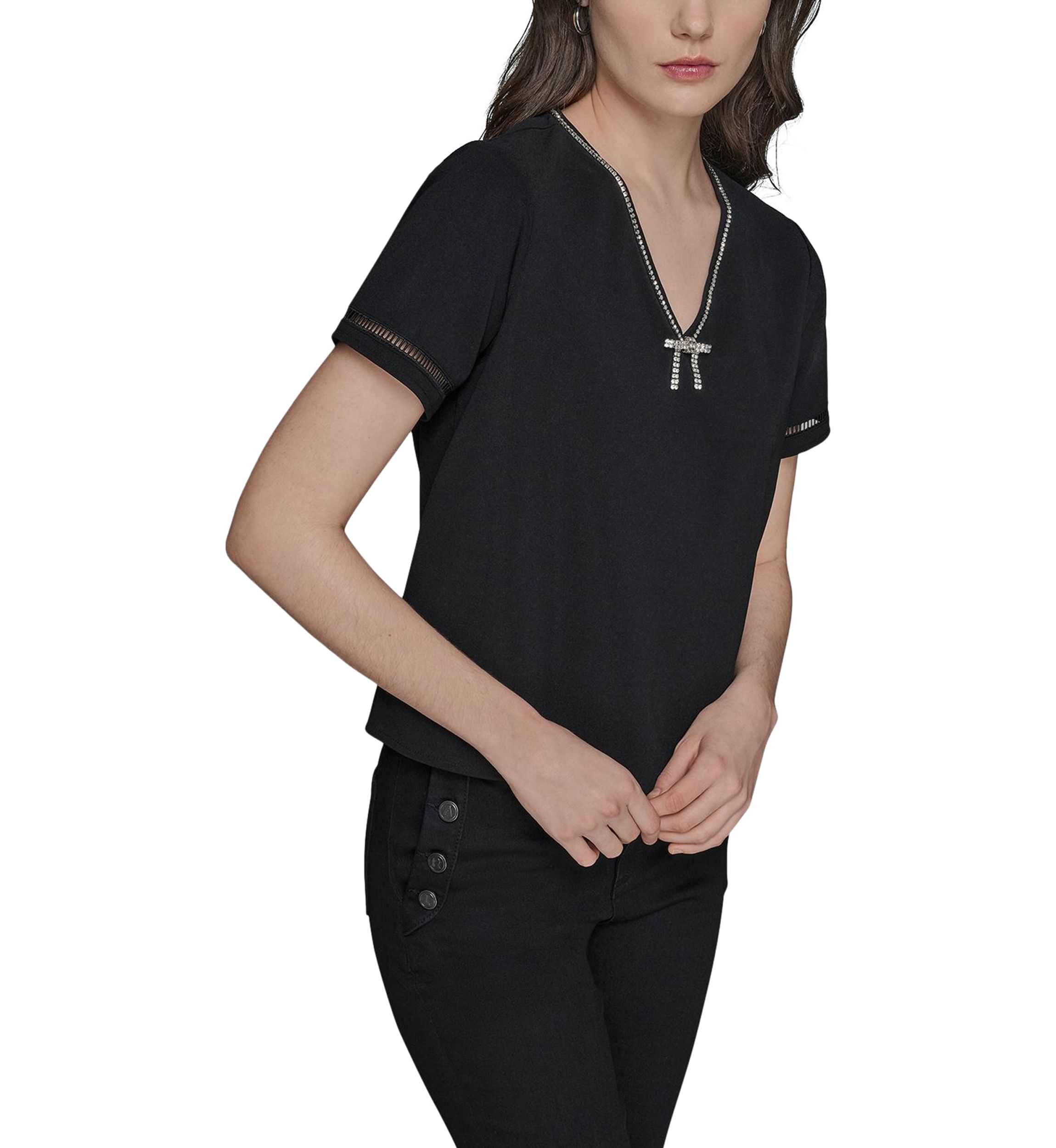 Womens Rhnetone Bow Knit Top