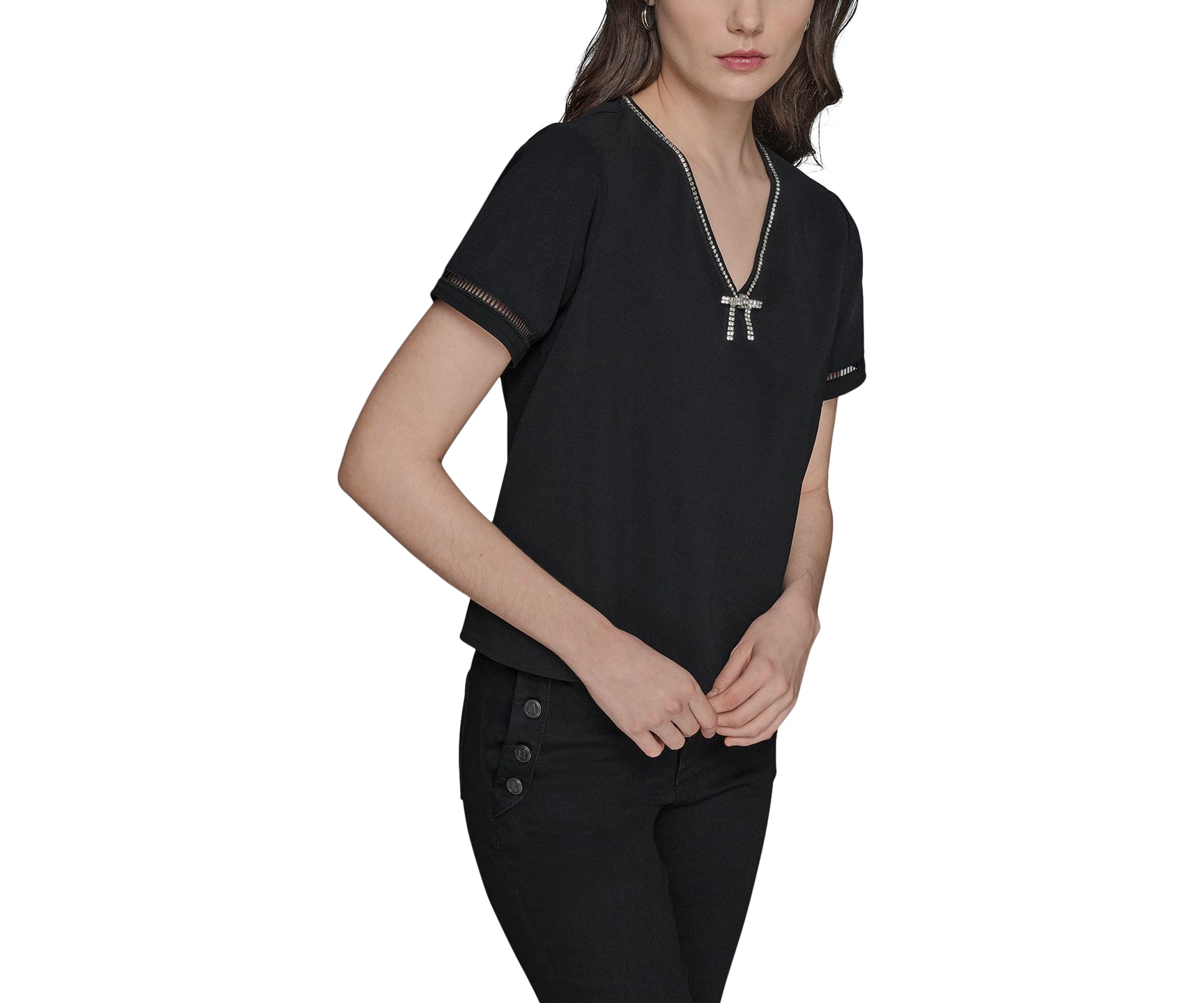 Womens Rhnetone Bow Knit Top