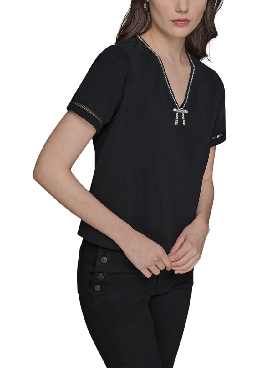 Womens Rhnetone Bow Knit Top