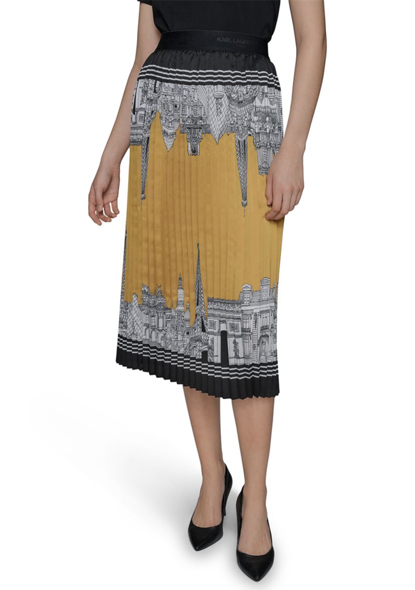 Womens Pleated Paris Border Printed Skirt