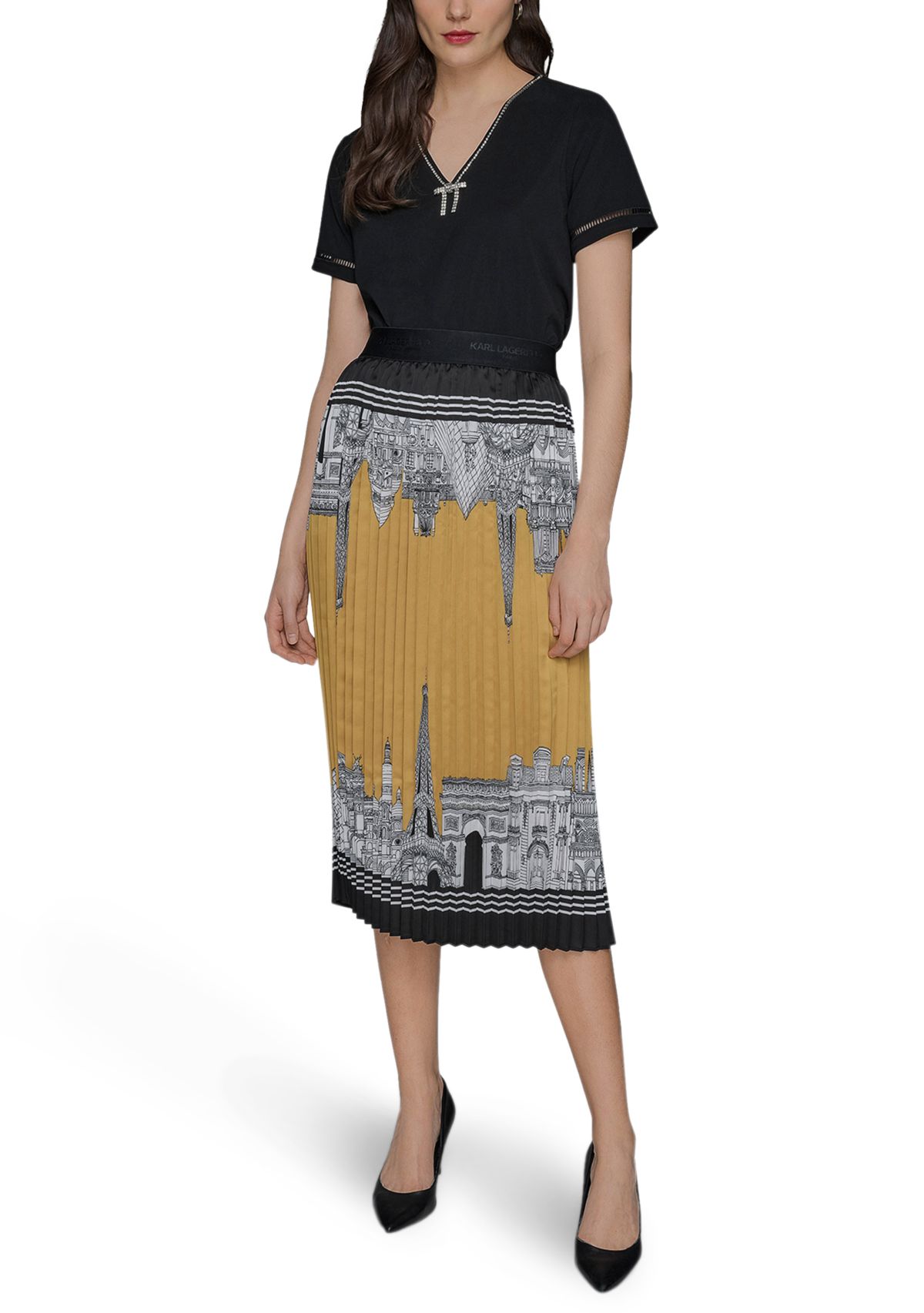 Womens Pleated Paris Border Printed Skirt