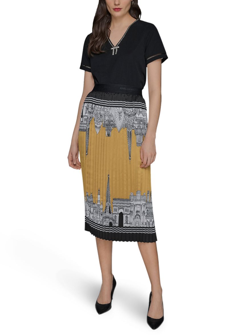Womens Pleated Paris Border Printed Skirt