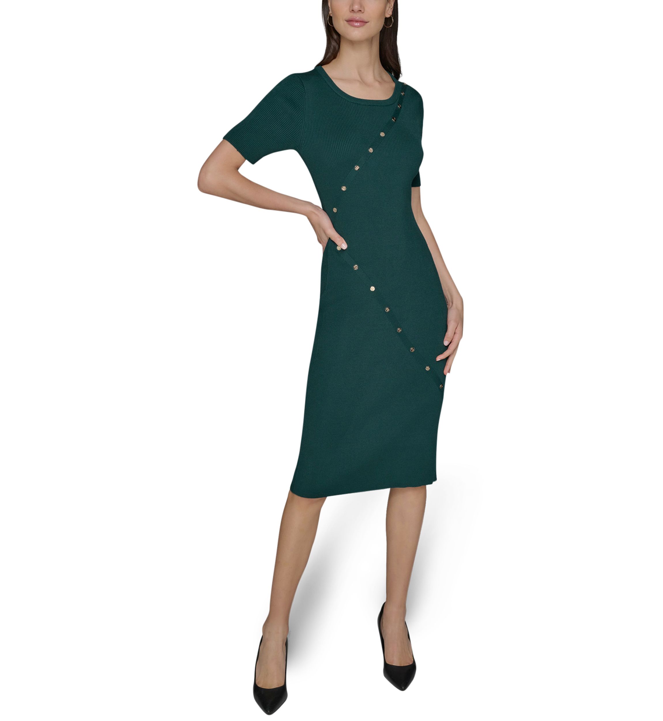 Womens Asymmetrical Button Front Ribbed Knit Dress