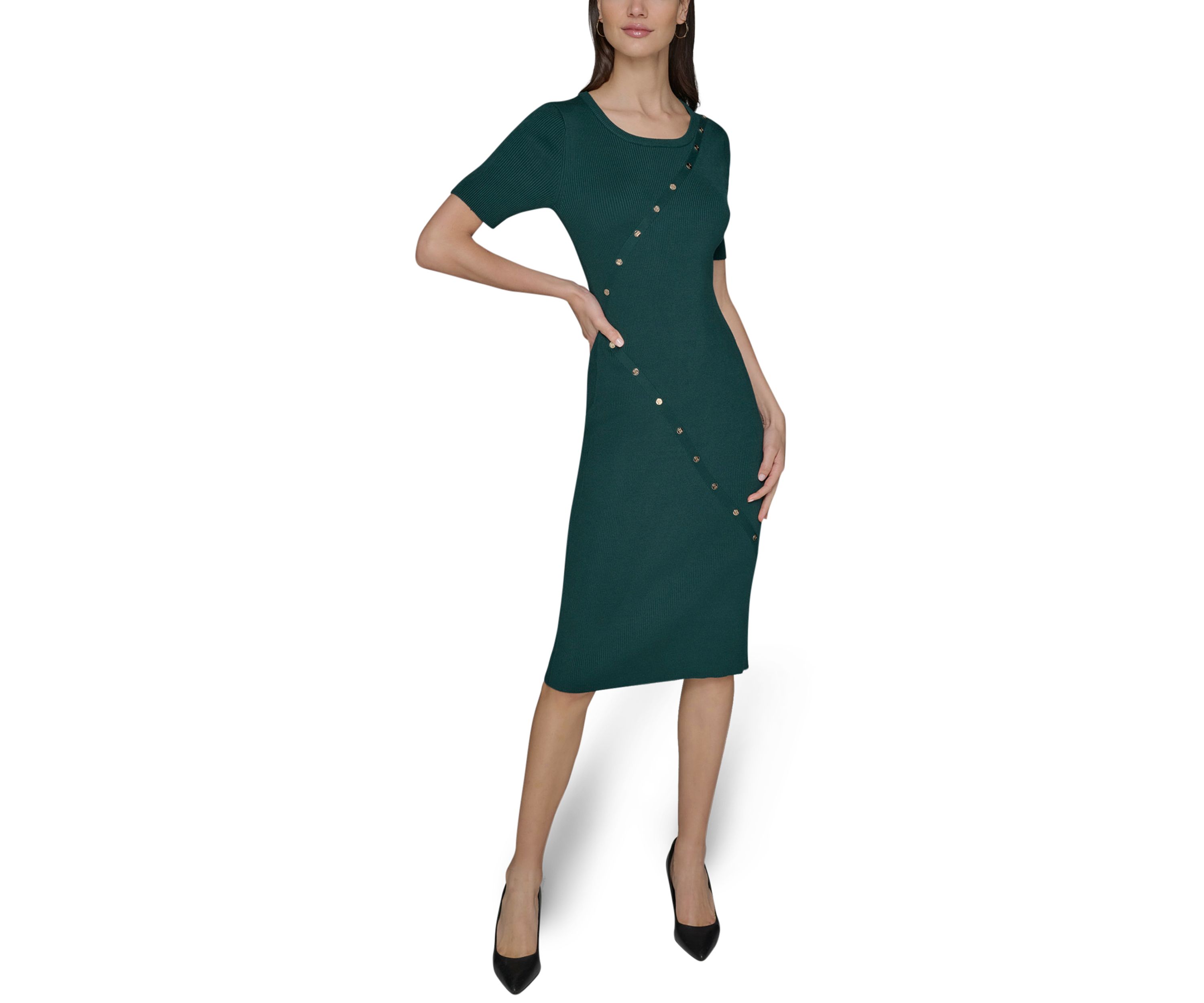 Womens Asymmetrical Button Front Ribbed Knit Dress