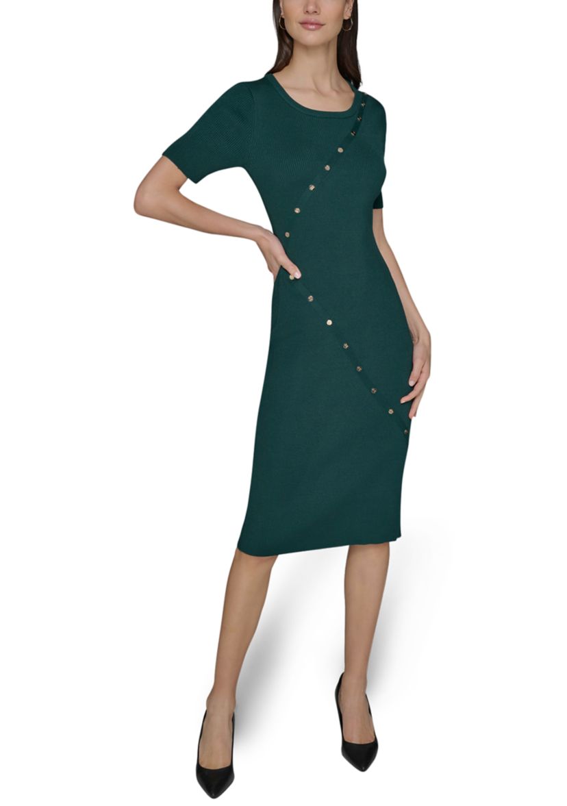 Womens Asymmetrical Button Front Ribbed Knit Dress