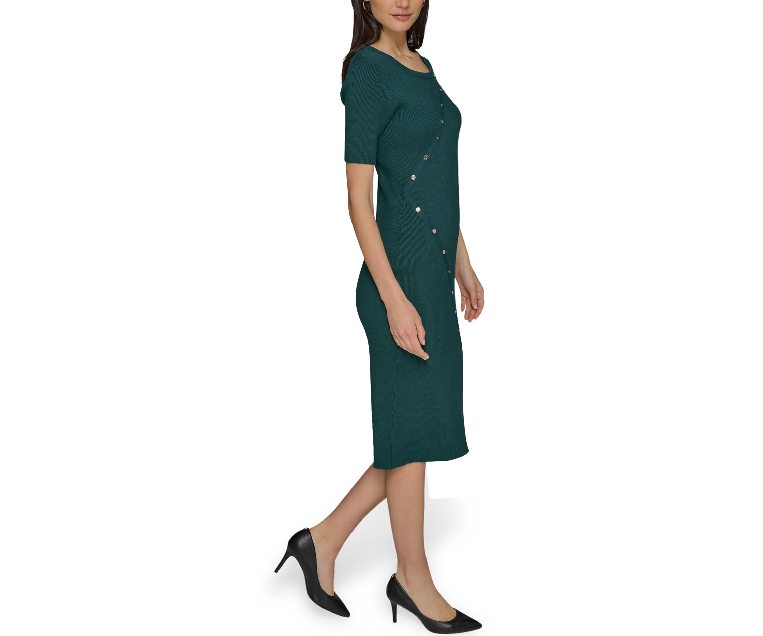 Womens Asymmetrical Button Front Ribbed Knit Dress