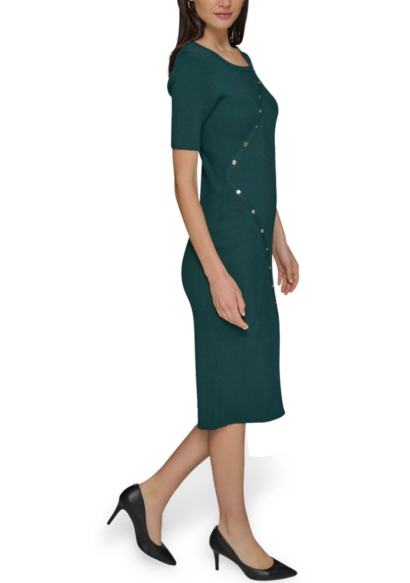 Womens Asymmetrical Button Front Ribbed Knit Dress