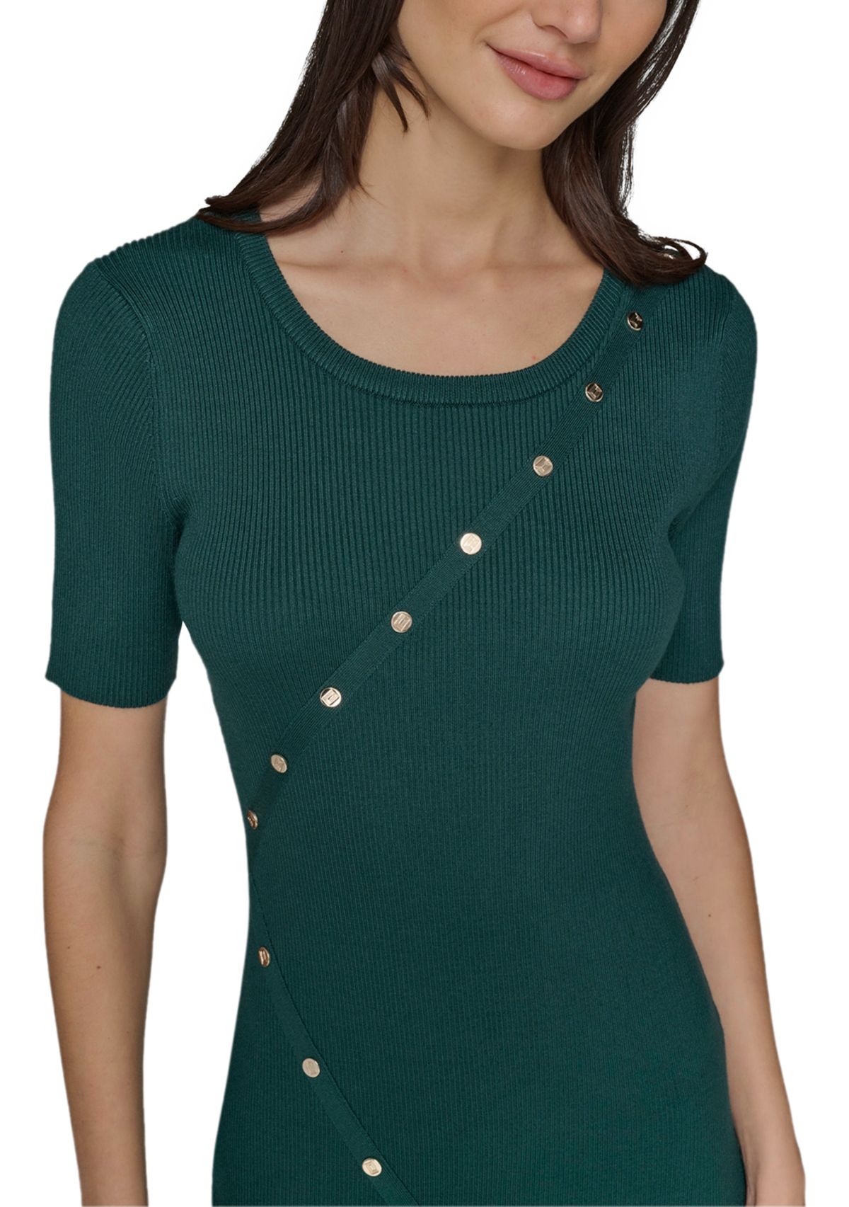 Womens Asymmetrical Button Front Ribbed Knit Dress