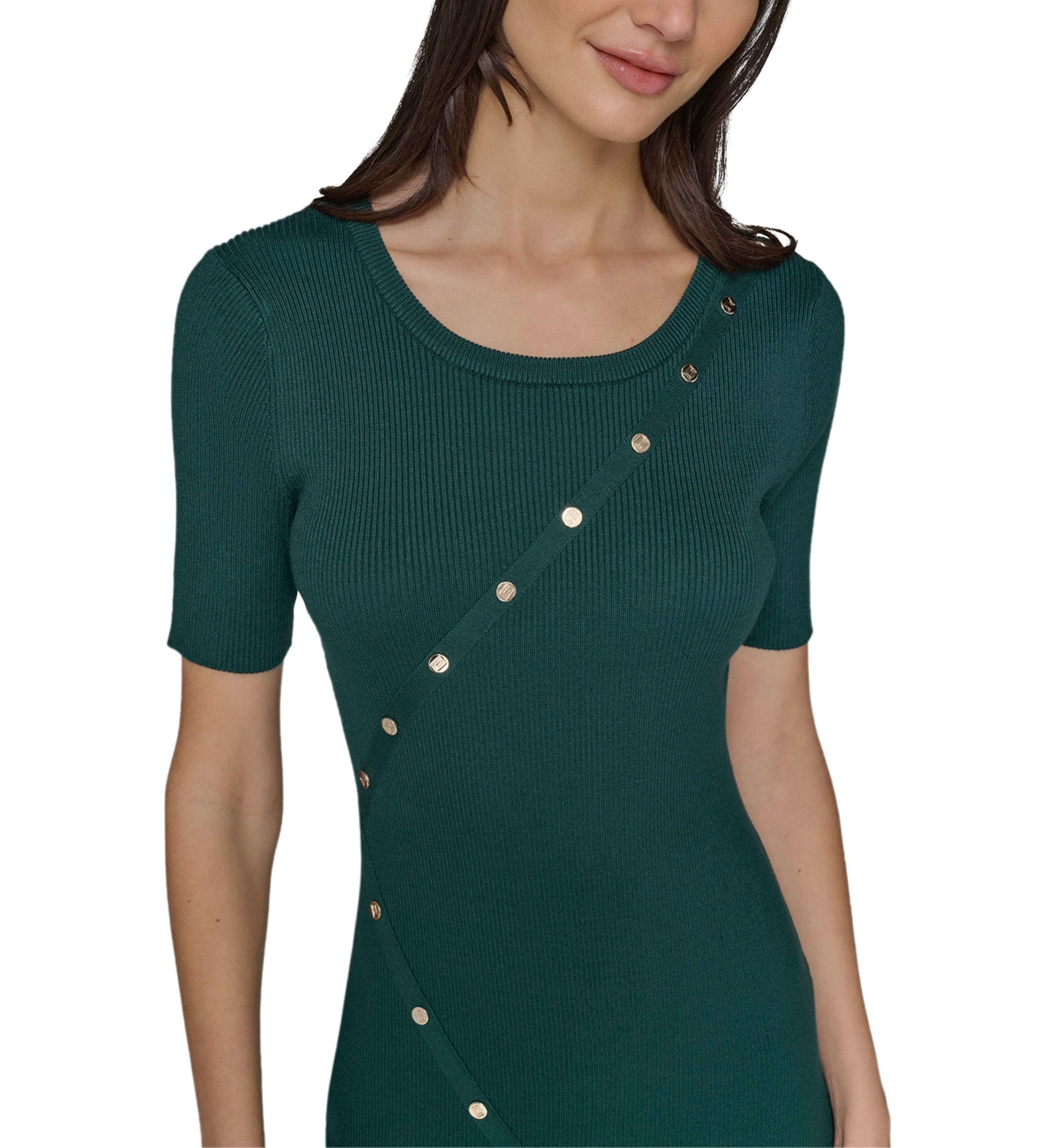 Womens Asymmetrical Button Front Ribbed Knit Dress