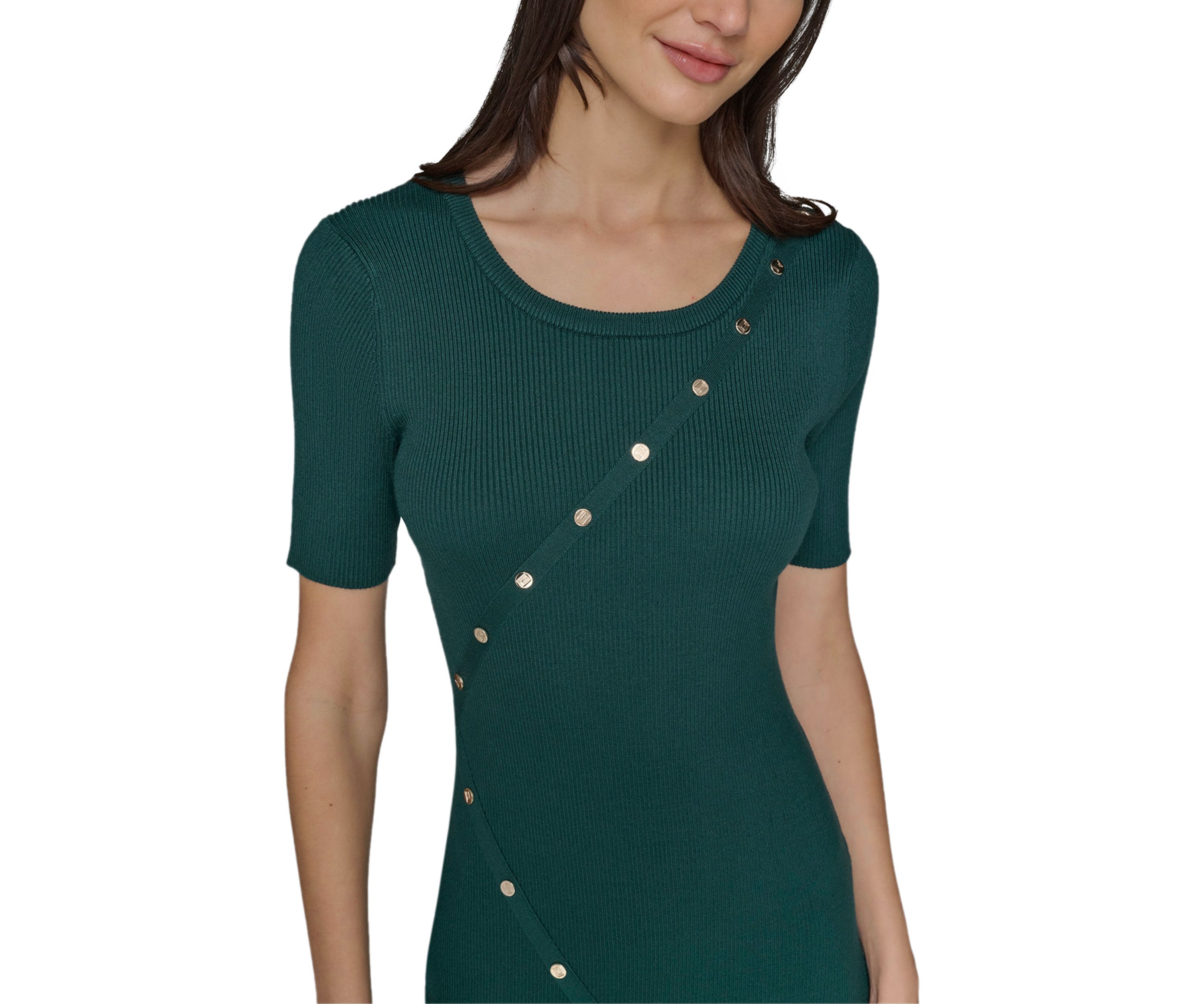 Womens Asymmetrical Button Front Ribbed Knit Dress