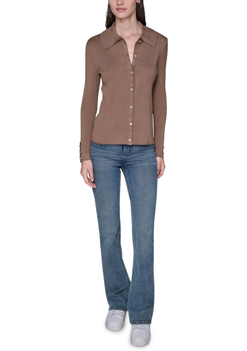 Womens Button Front Ribbed Sweater
