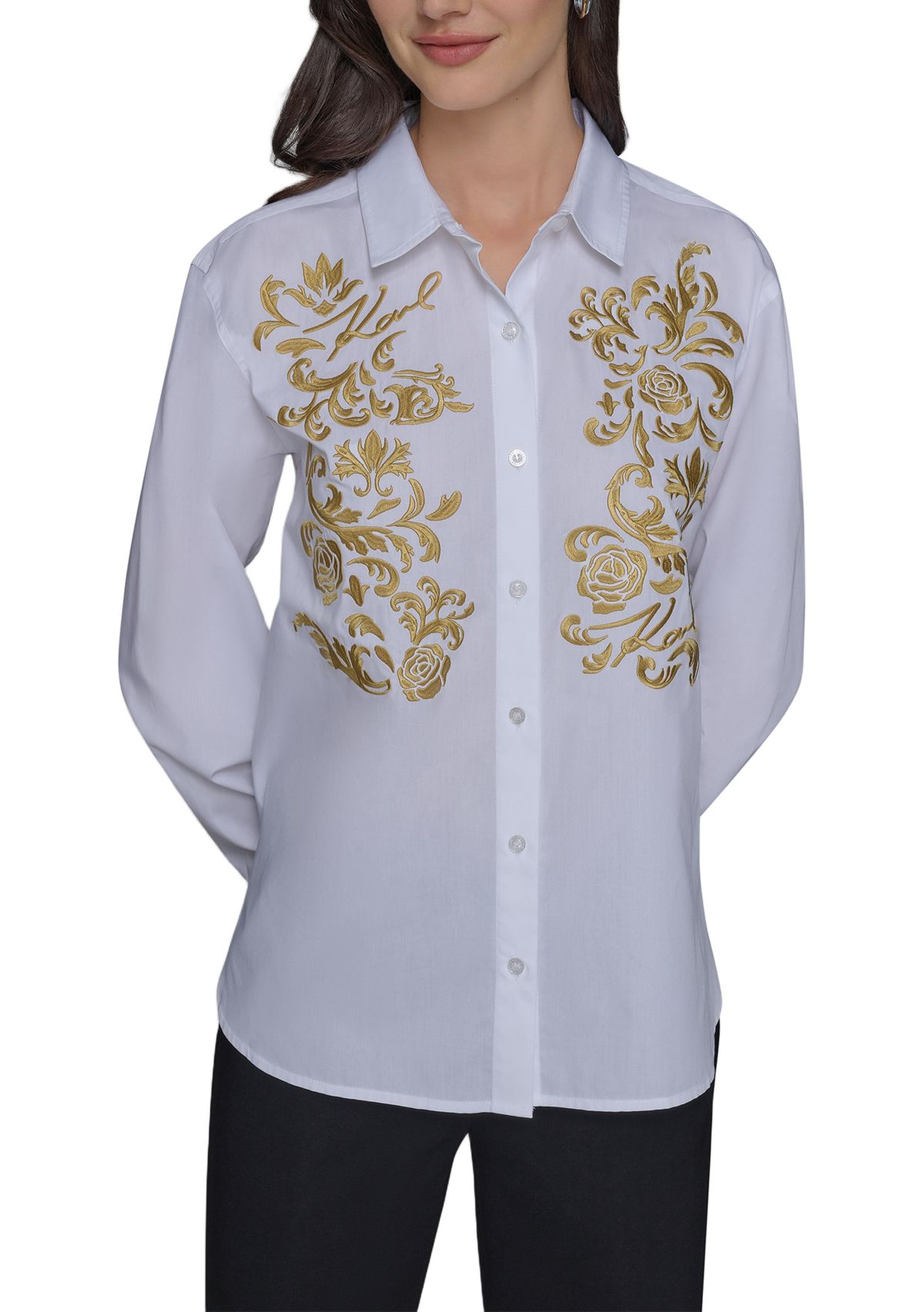 Womens Rose Embroidered Button Front Shirt
