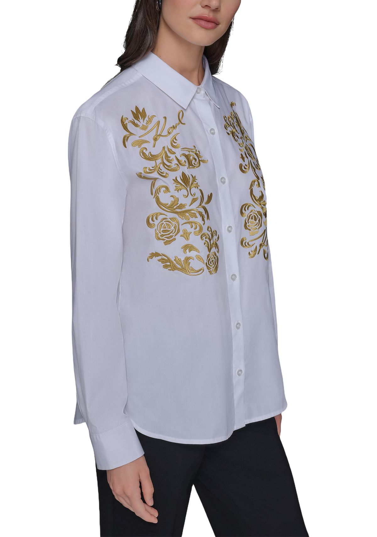 Womens Rose Embroidered Button Front Shirt
