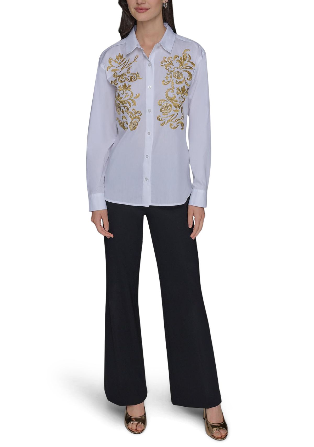 Womens Rose Embroidered Button Front Shirt