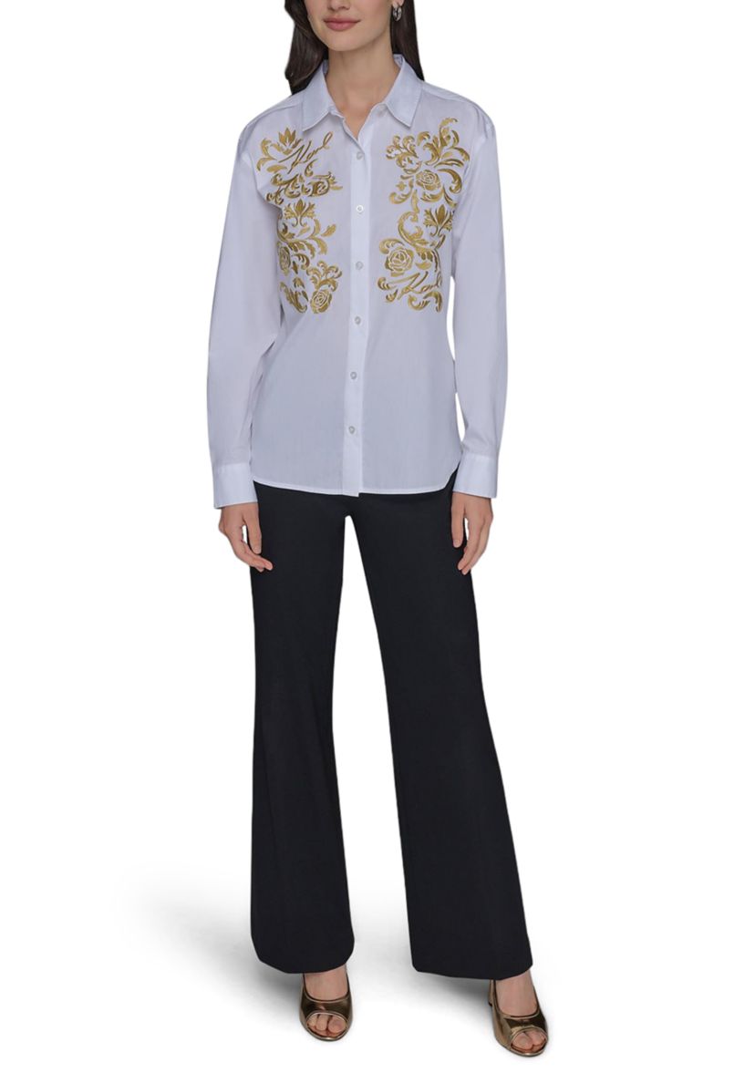 Womens Rose Embroidered Button Front Shirt