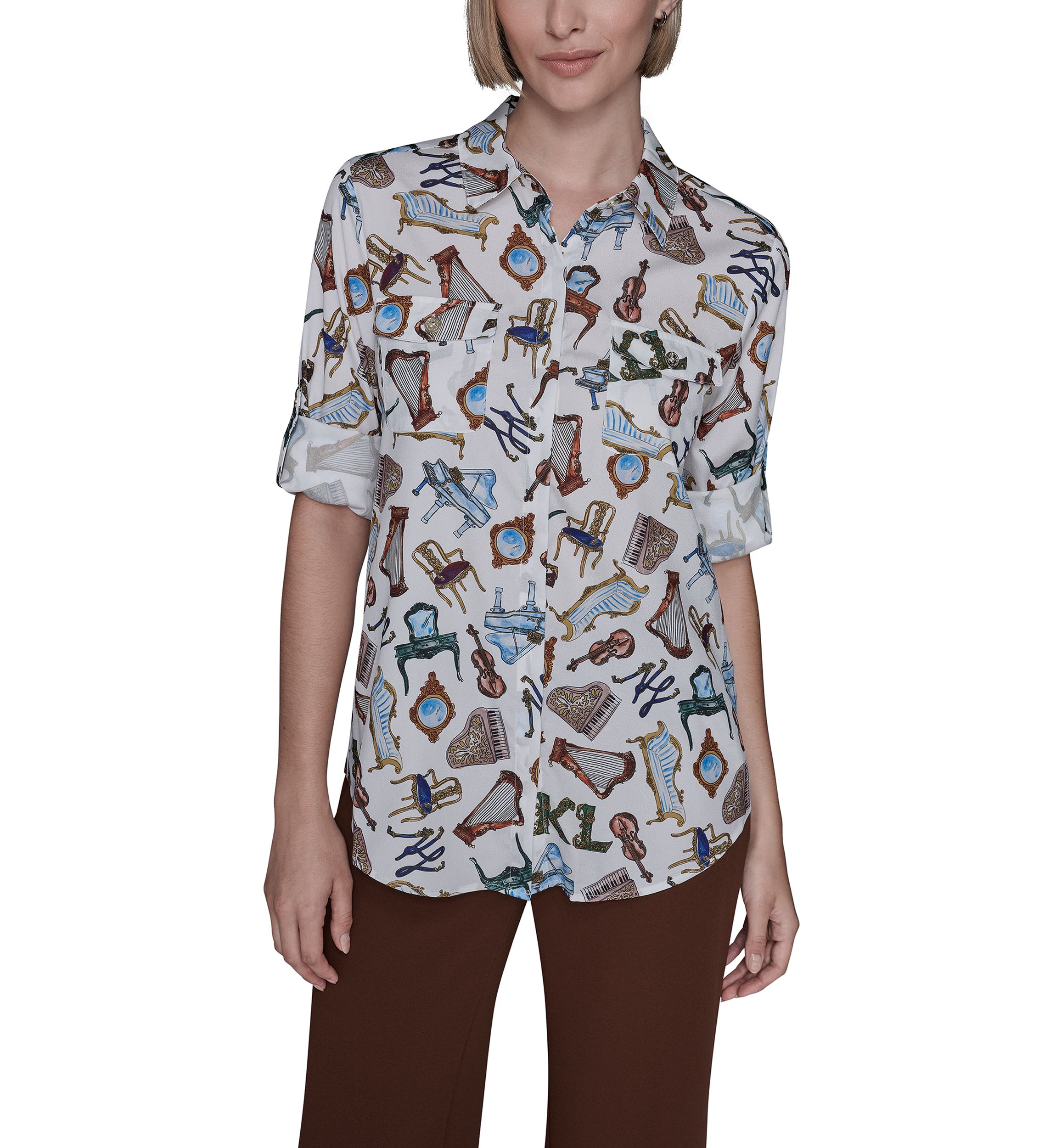 Womens Printed Button Down Blouse