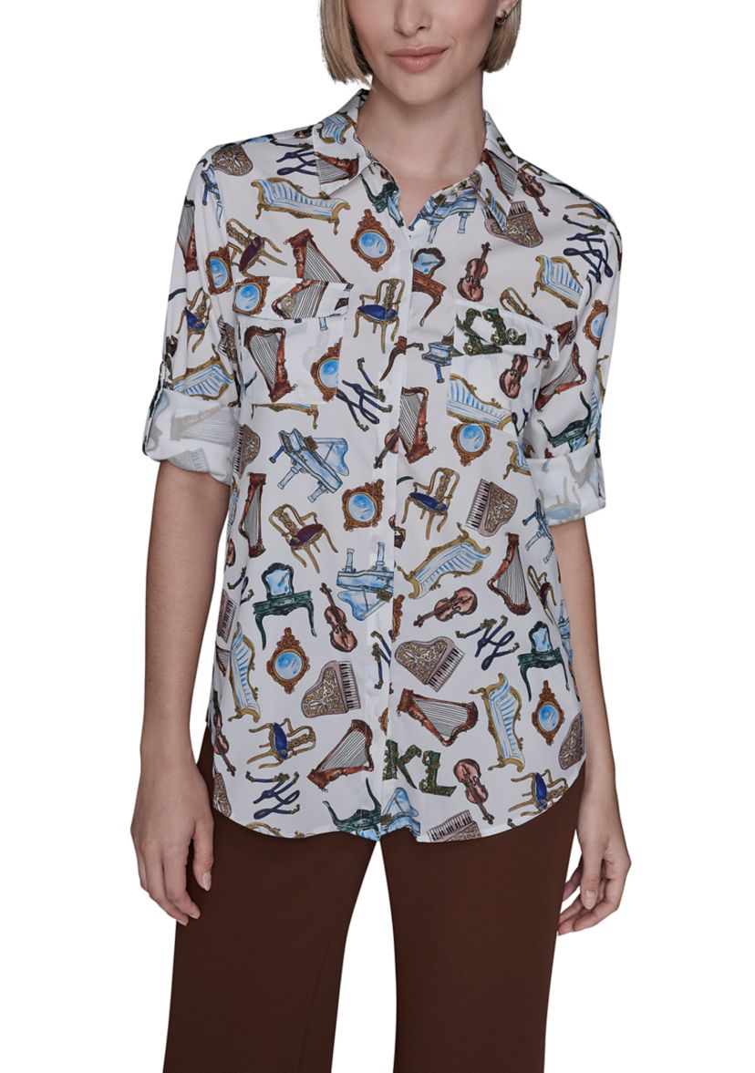 Womens Printed Button Down Blouse