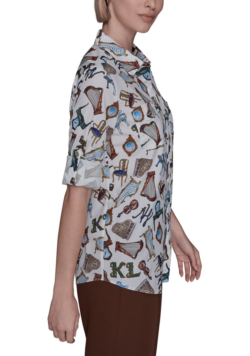 Womens Printed Button Down Blouse