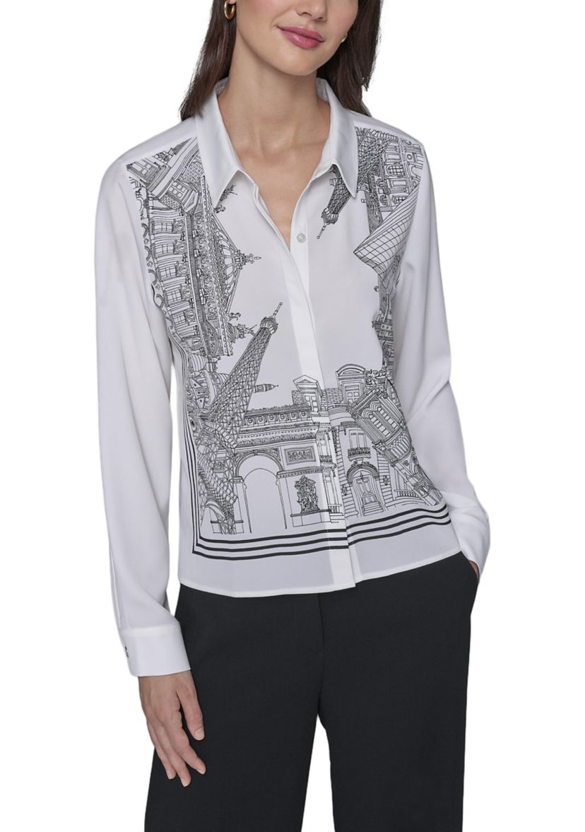 Womens Paris Border Button Front Top