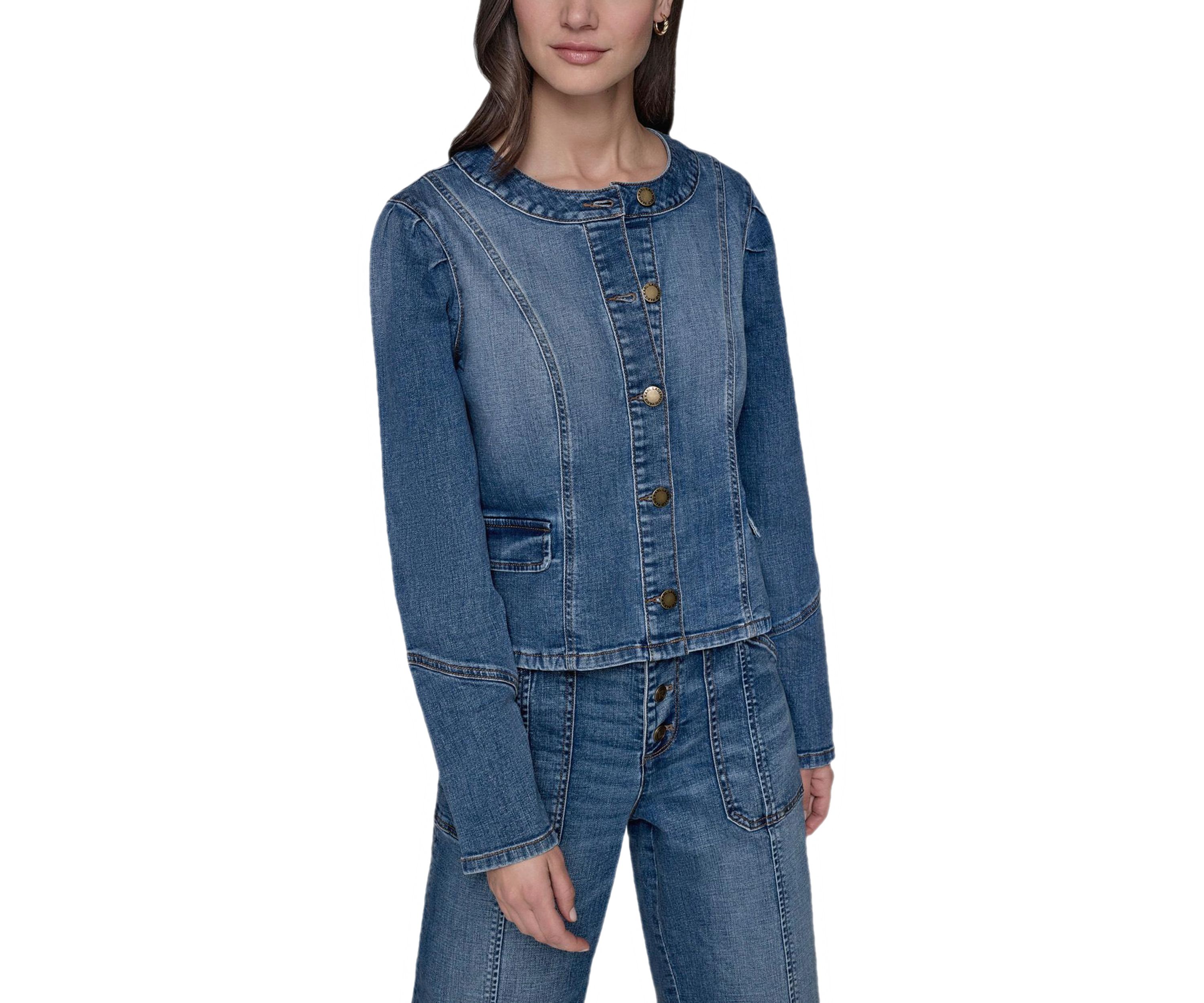 Womens Collarless Button Front Denim Jacket 