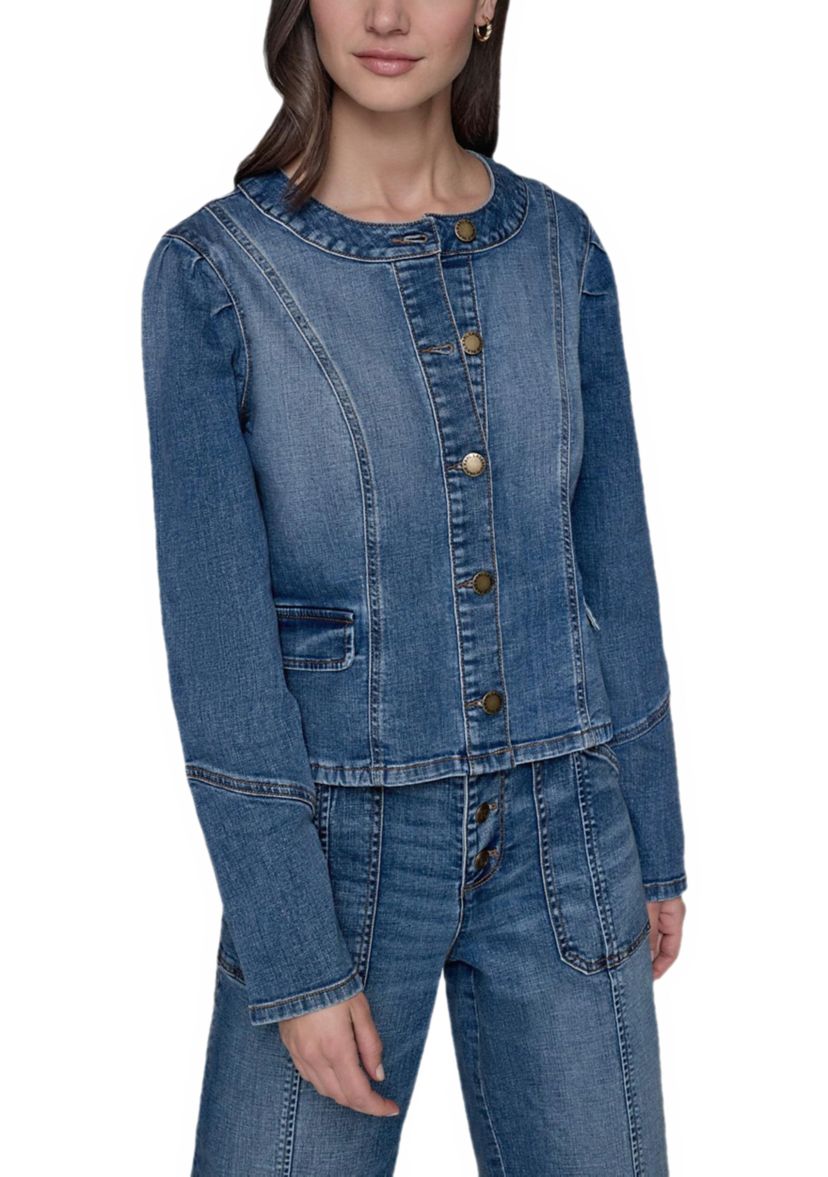 Womens Collarless Button Front Denim Jacket 