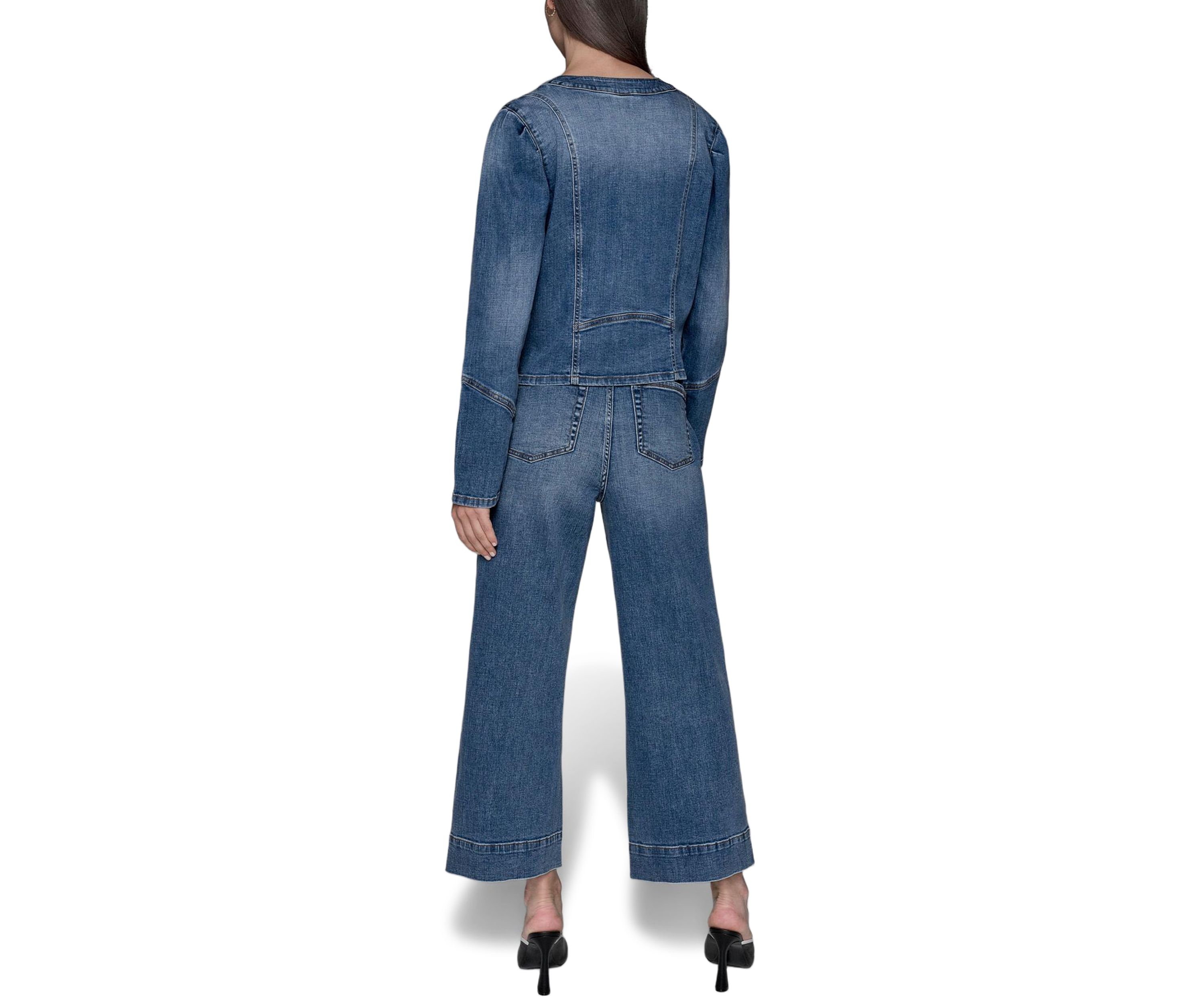 Womens Collarless Button Front Denim Jacket 