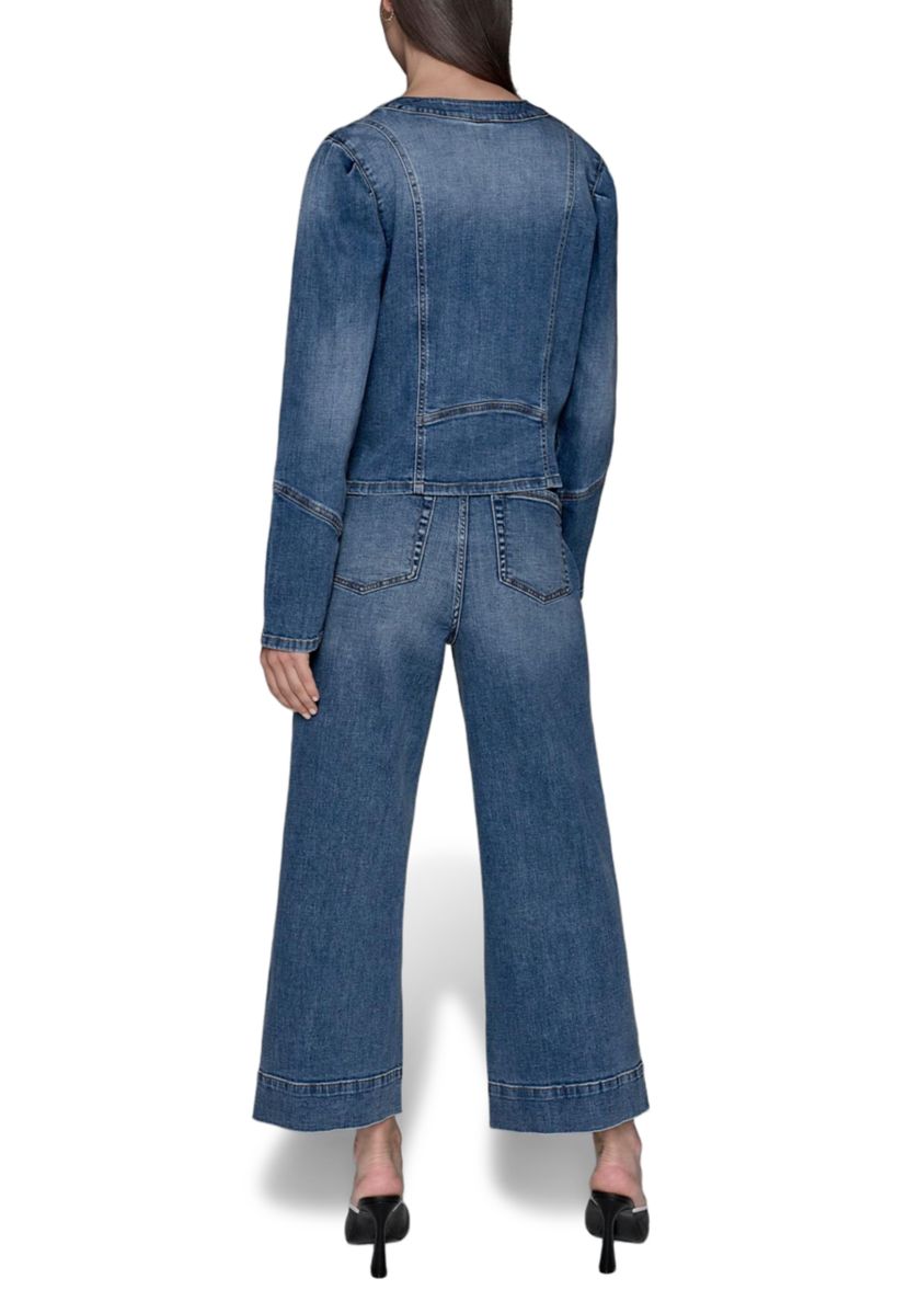 Womens Collarless Button Front Denim Jacket 