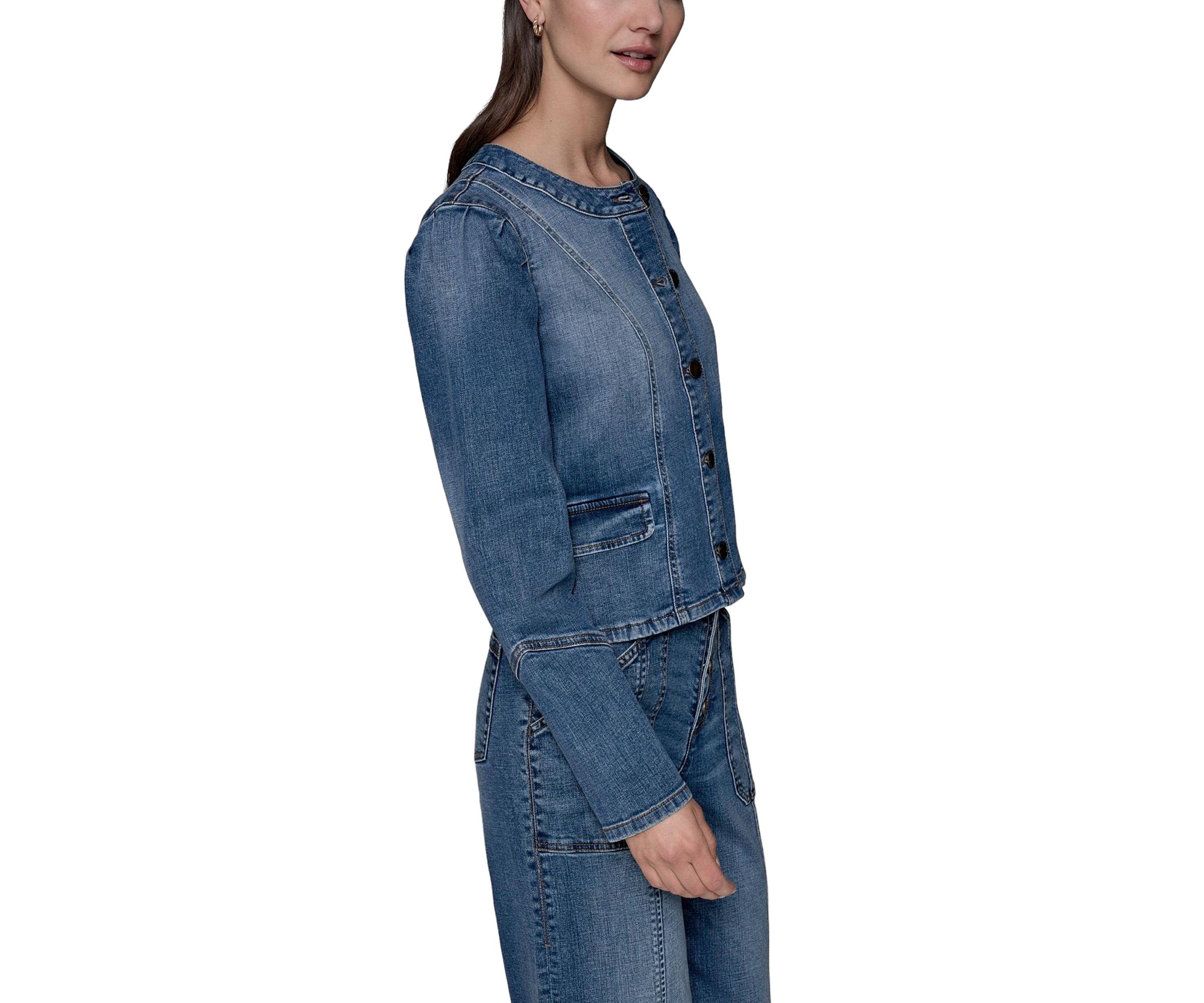 Womens Collarless Button Front Denim Jacket 