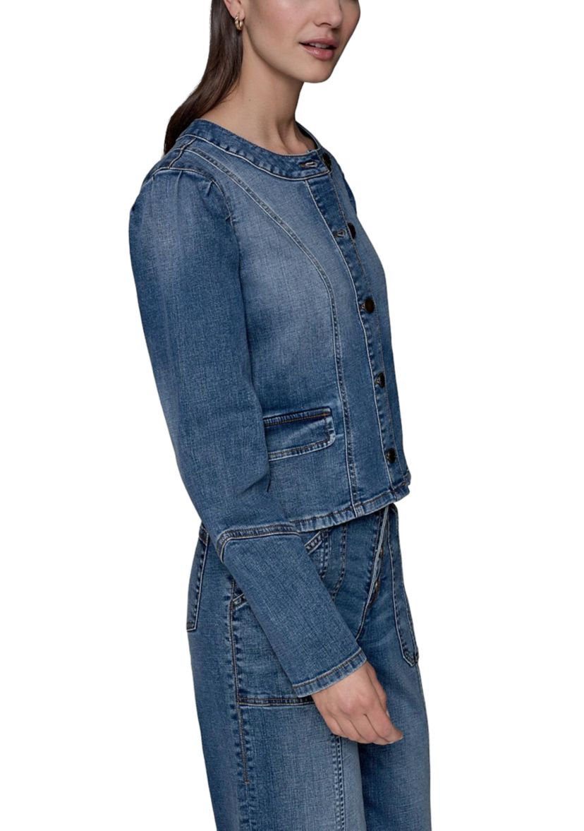 Womens Collarless Button Front Denim Jacket 