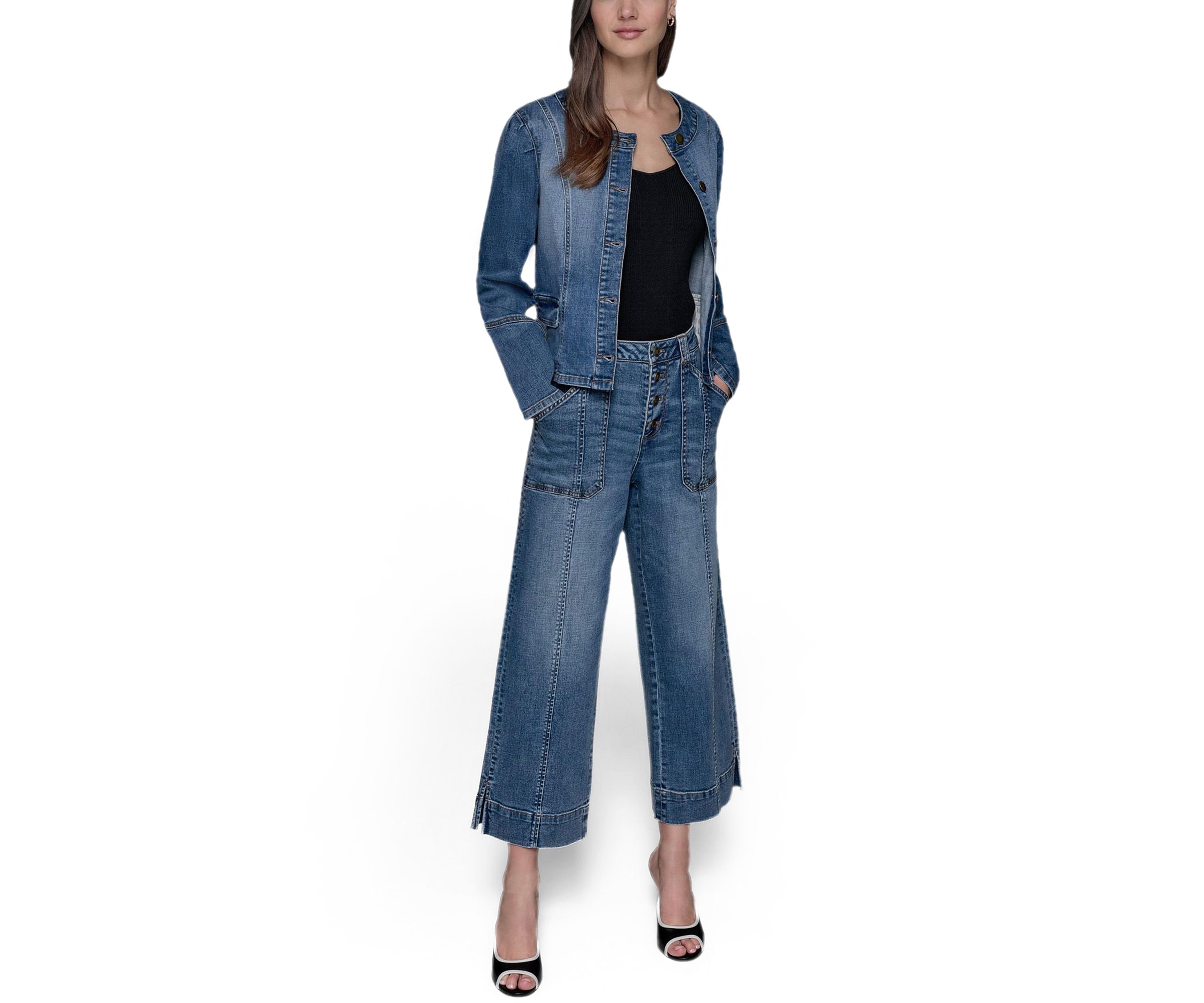 Womens Collarless Button Front Denim Jacket 
