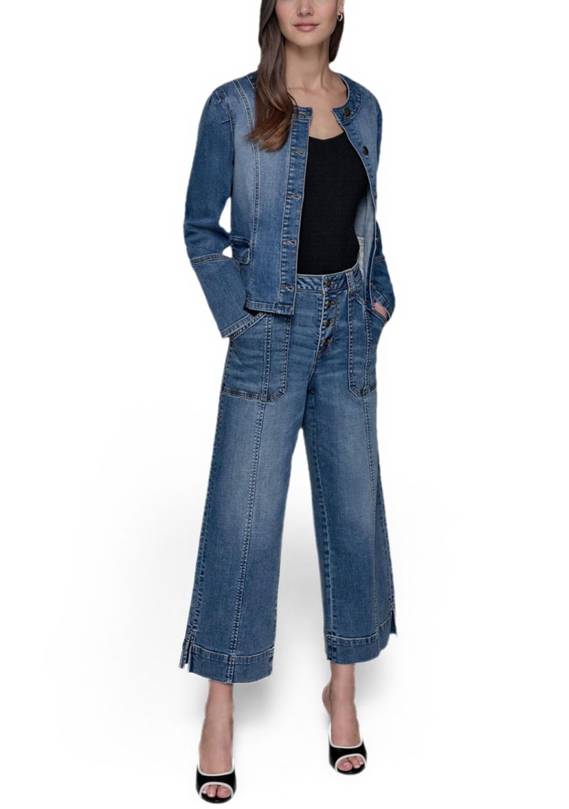 Womens Collarless Button Front Denim Jacket 